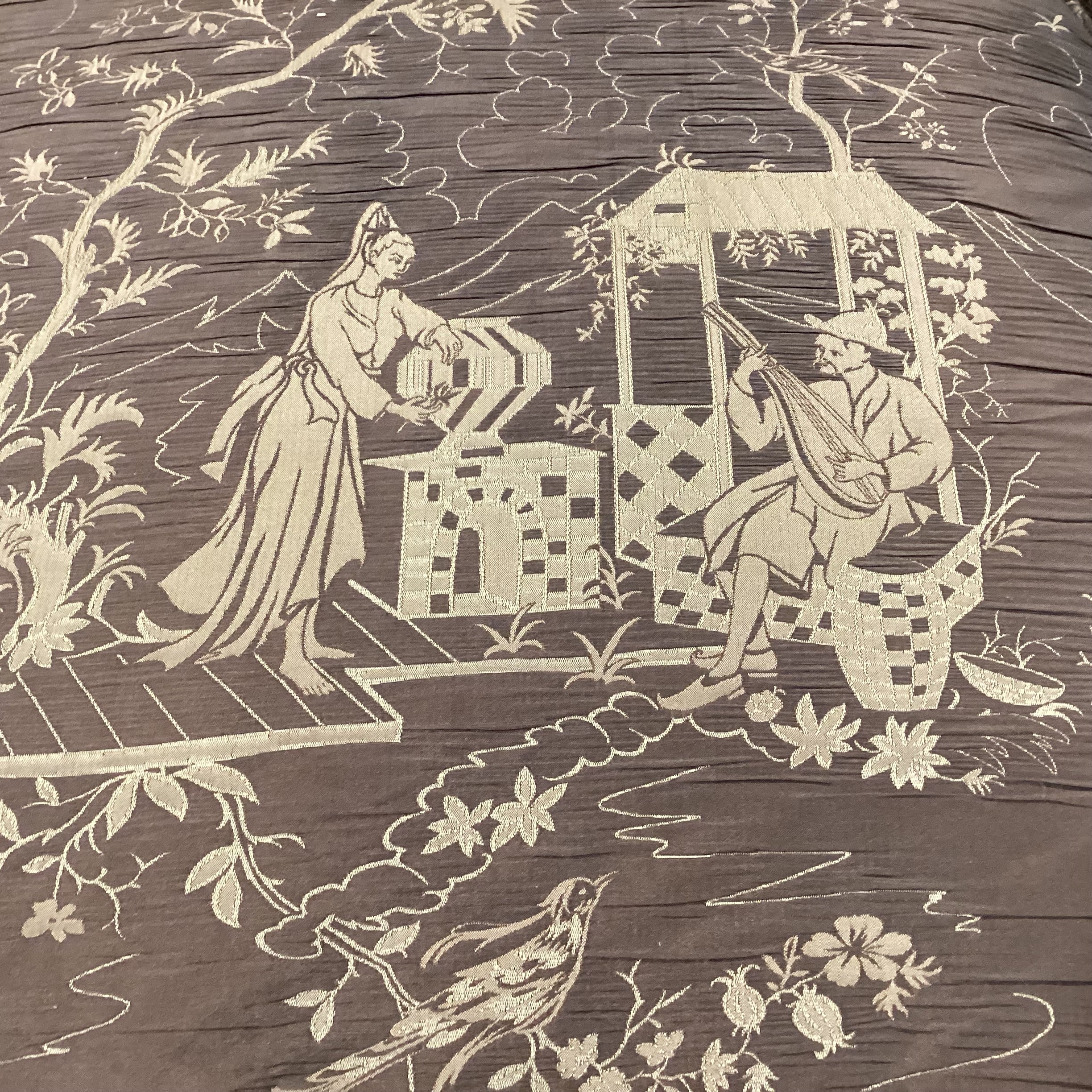 JJ Custom Brown Gold Asian Scene Silky Crinkle Upholstery Tailored Button Skirt Chair 35"x 36"x 32"