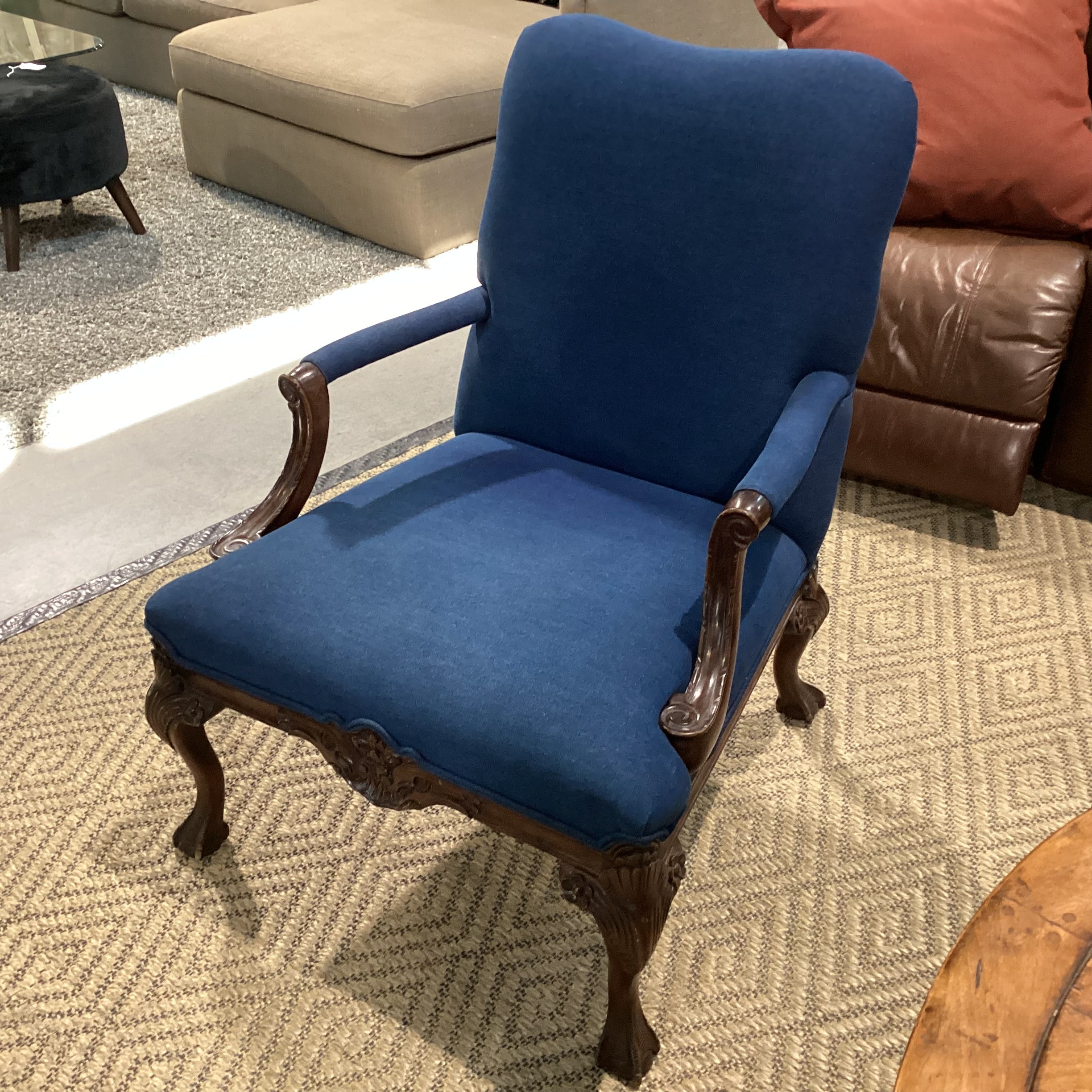 Antique Carved Wood Claw & Ball Foot & Denim Upholstered Chair 29"x 32"x 38"