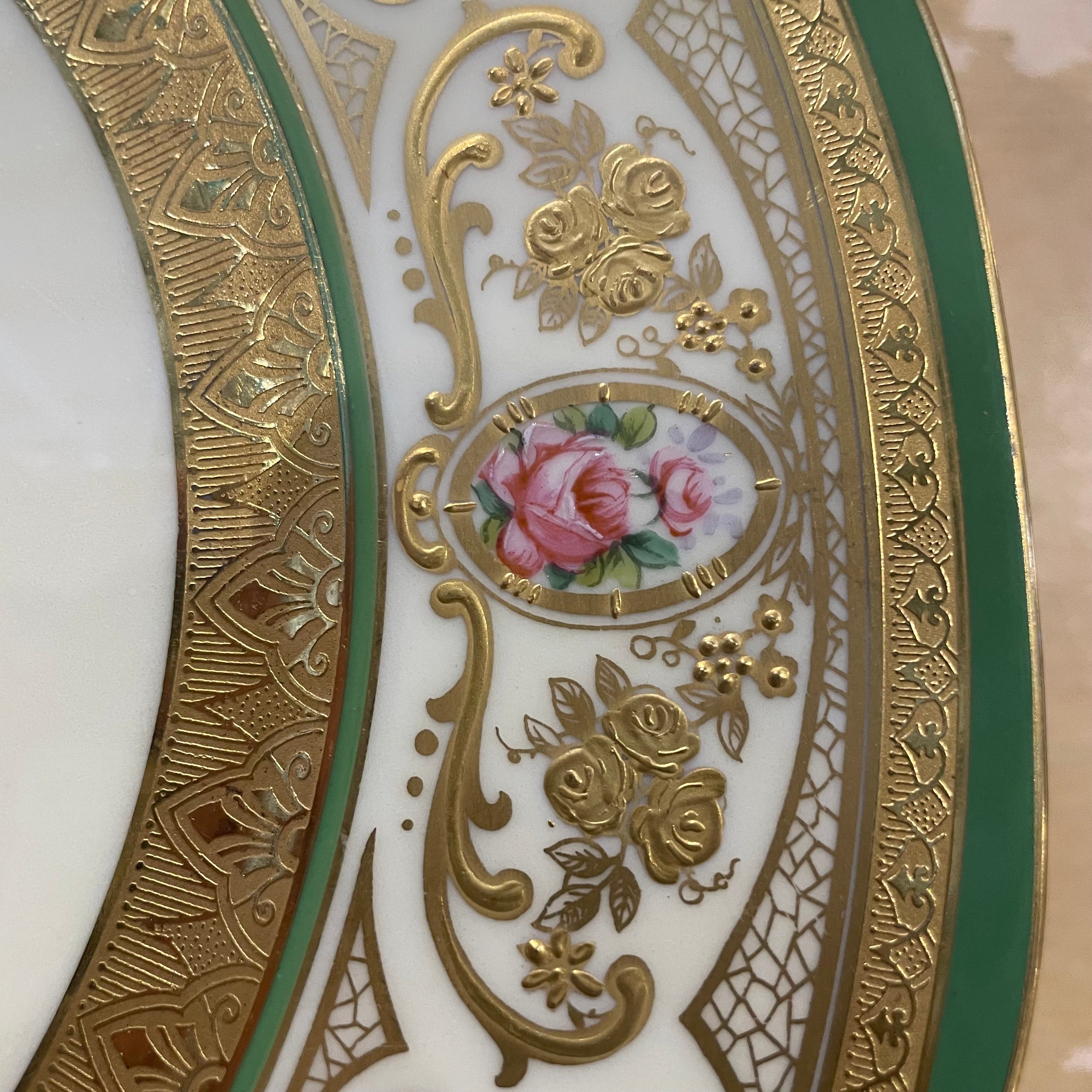 Set of 10 Antique Ahrenfeldt 10.75" Gold Encrusted Handpainted Porcelain Dinner Plates/Chargers, Made in France