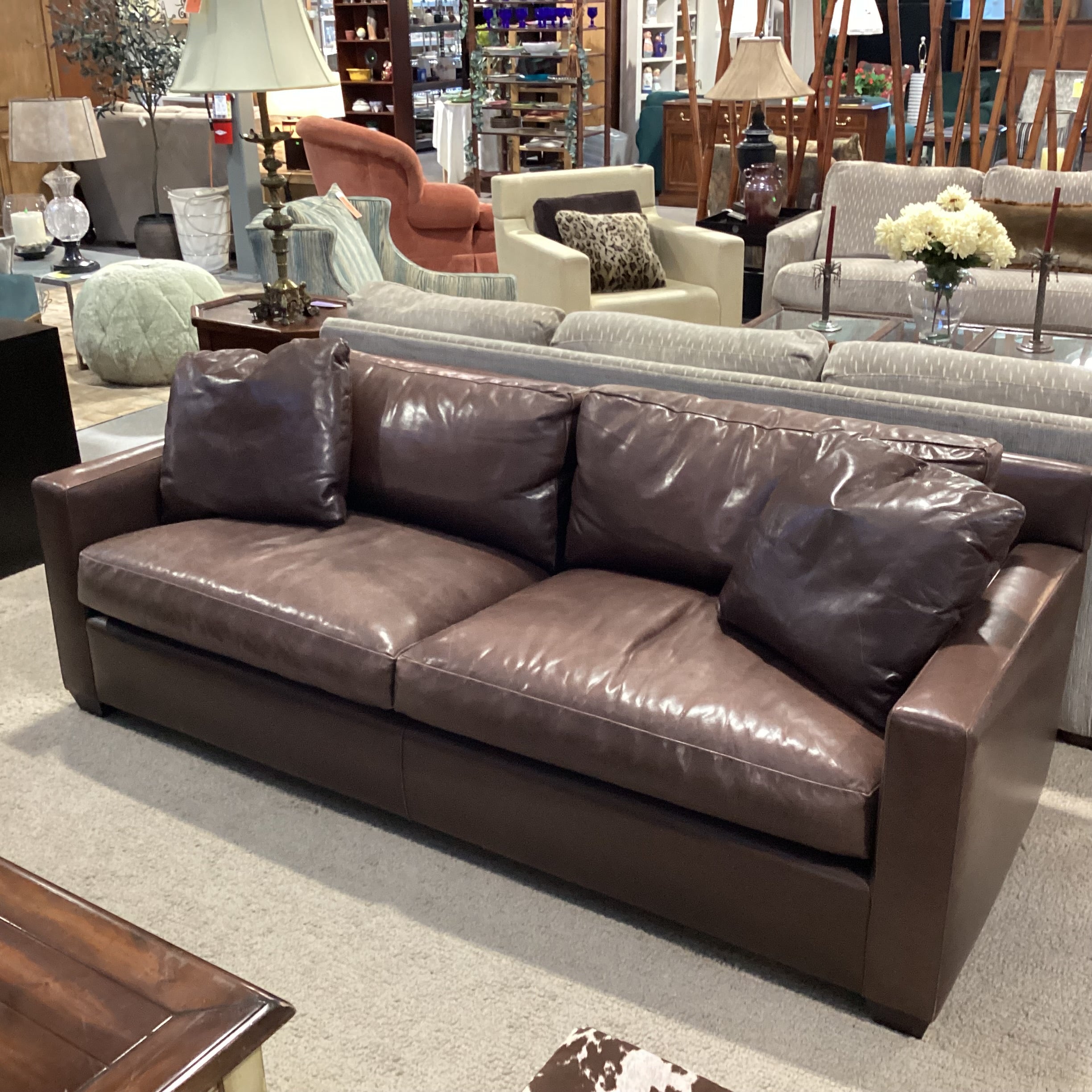 Baker Furniture Brown Leather Down Mix Track Arm with Accent Pillows Sofa 86"x 40"x 30"