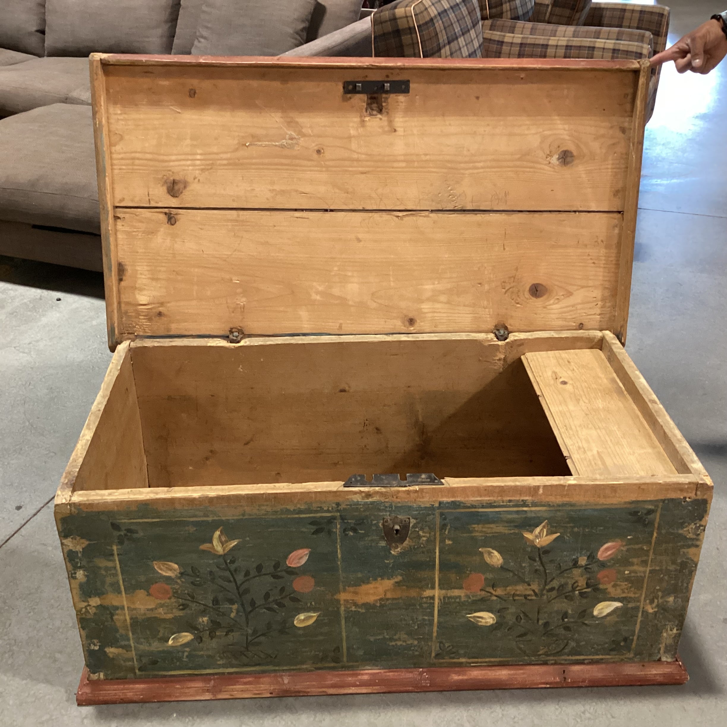 Antique Carved Wood with Hand Painted Floral Panel Trunk 42.5"x 23"x 18"