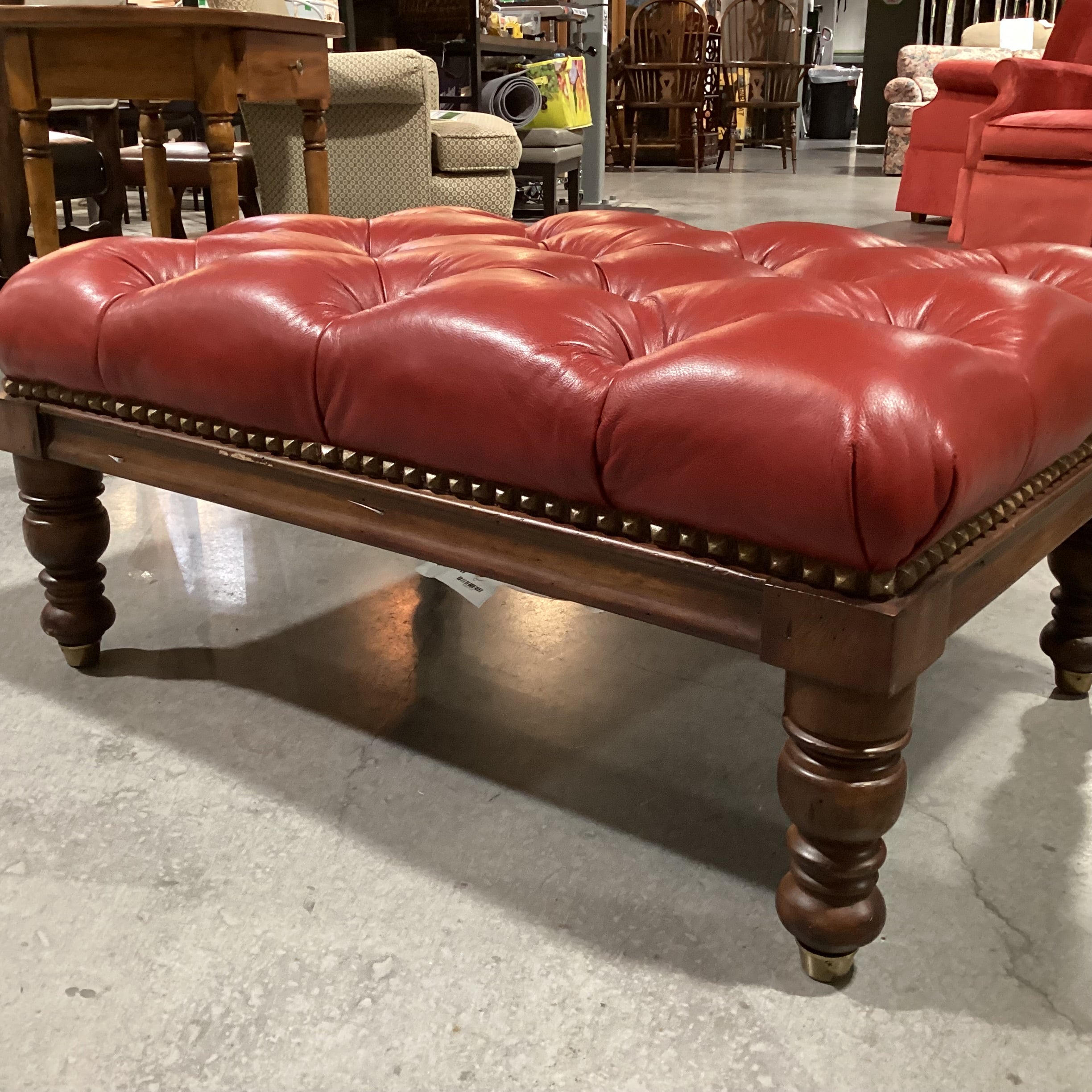 Pearson Furniture Red Leather Tufted & Carved Wood Ottoman 39"x 28"x 18"