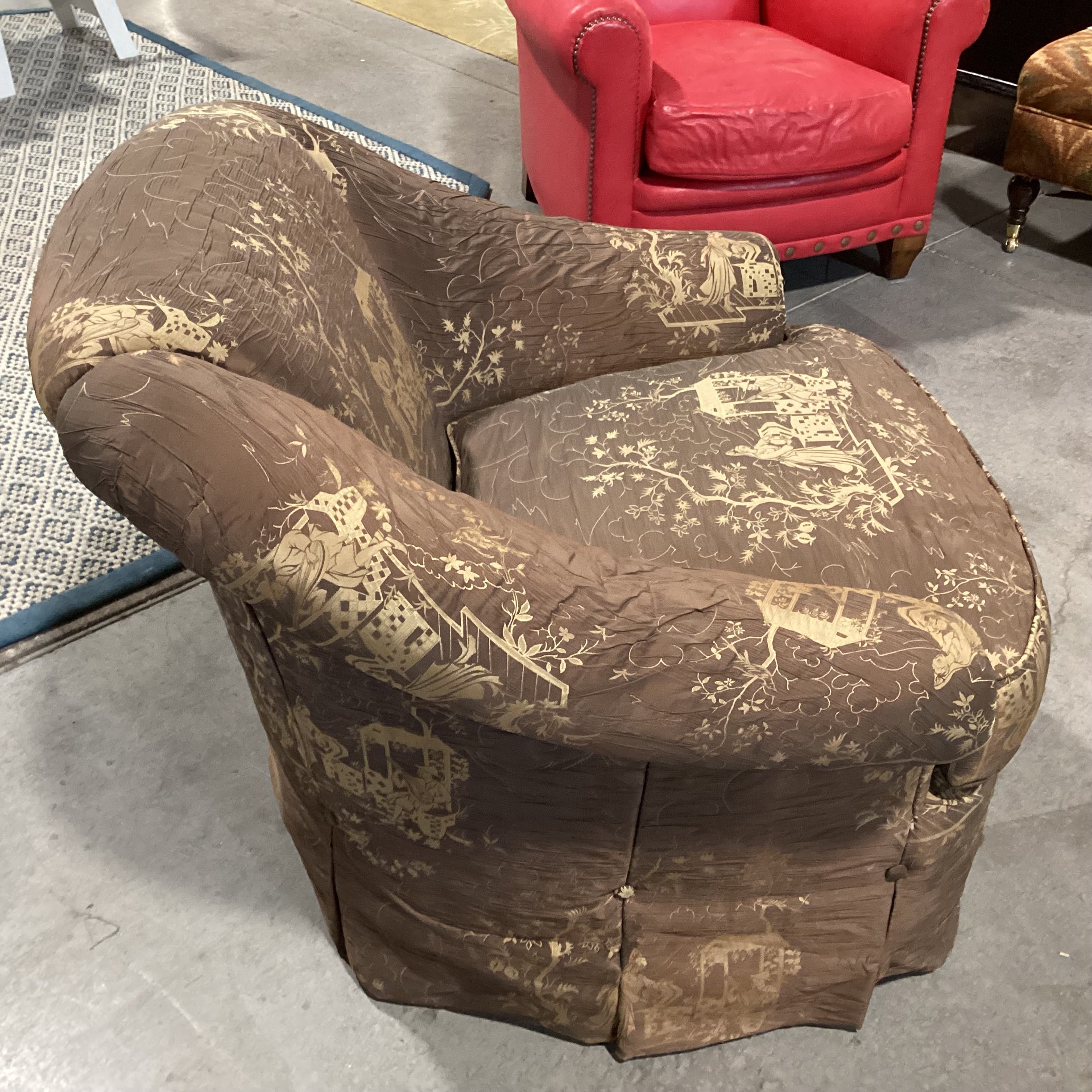 JJ Custom Brown Gold Asian Scene Silky Crinkle Upholstery Tailored Button Skirt Chair 35"x 36"x 32"