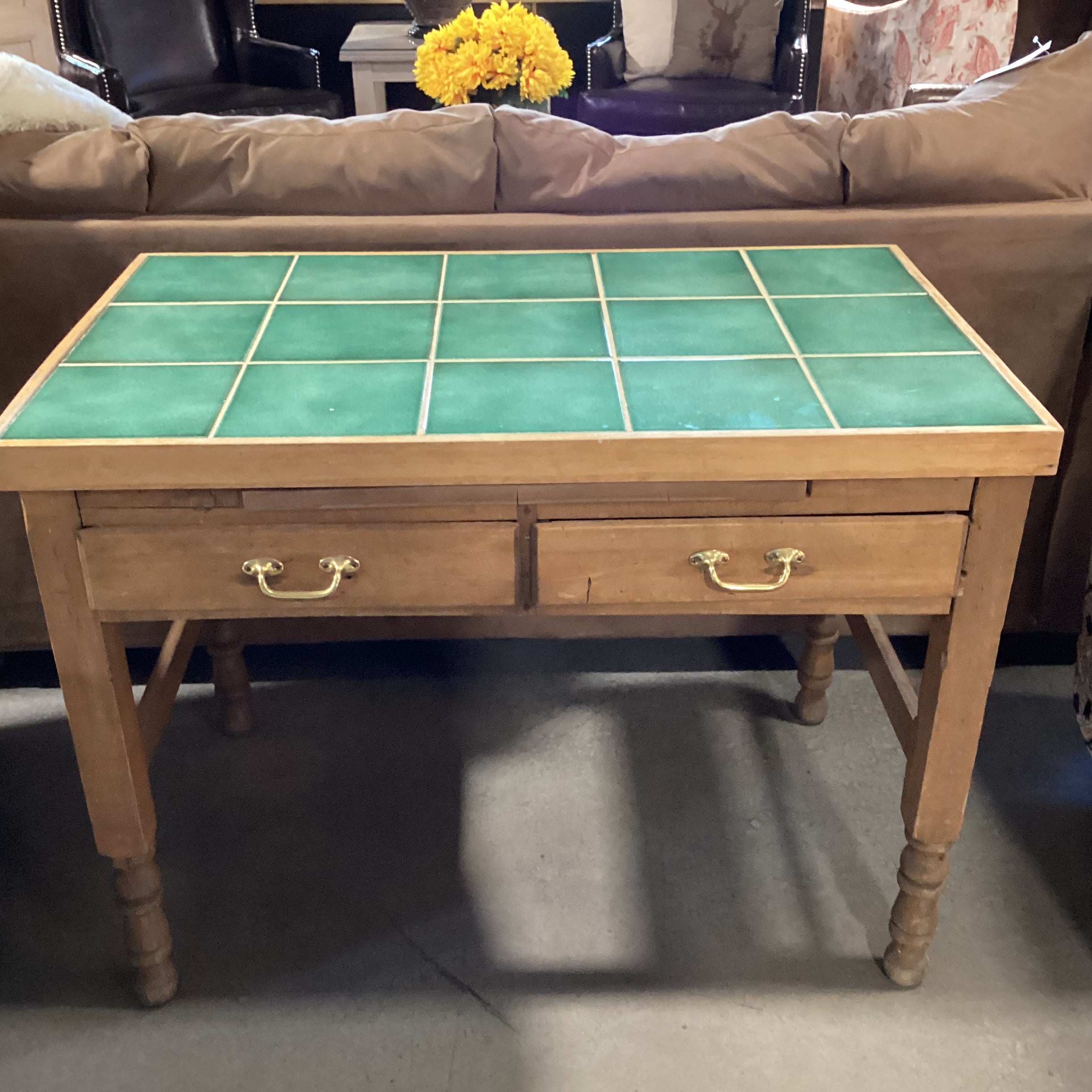Vintage Natural Wood with Green Tile Inset Top 2 Drawer Kitchen Island Table 41.5"x 25.5"x 30.5"
