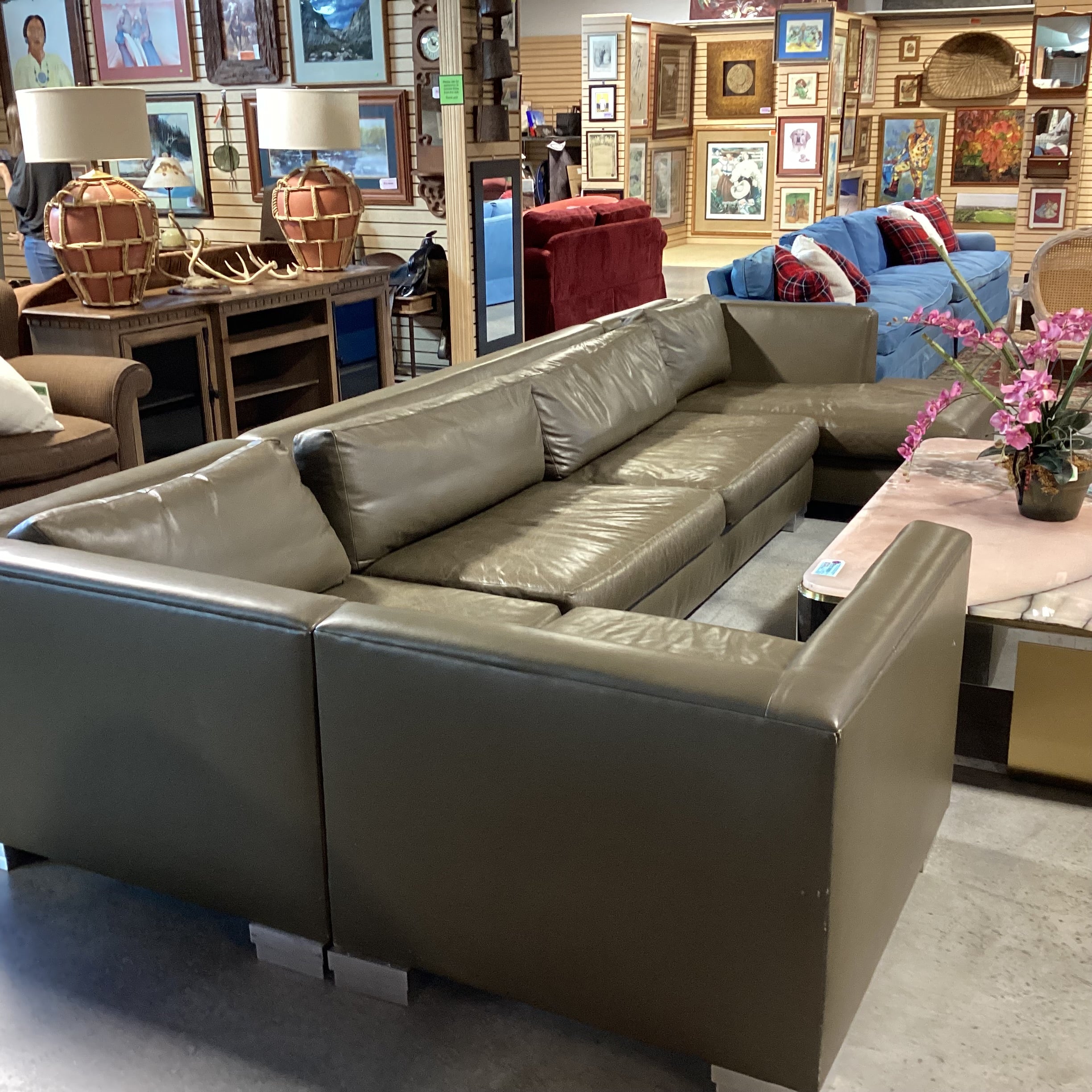 Modern Taupe Grey Leather Down Mix 4 Piece Sectional 76"x 162"x 62"x 40"x 28"