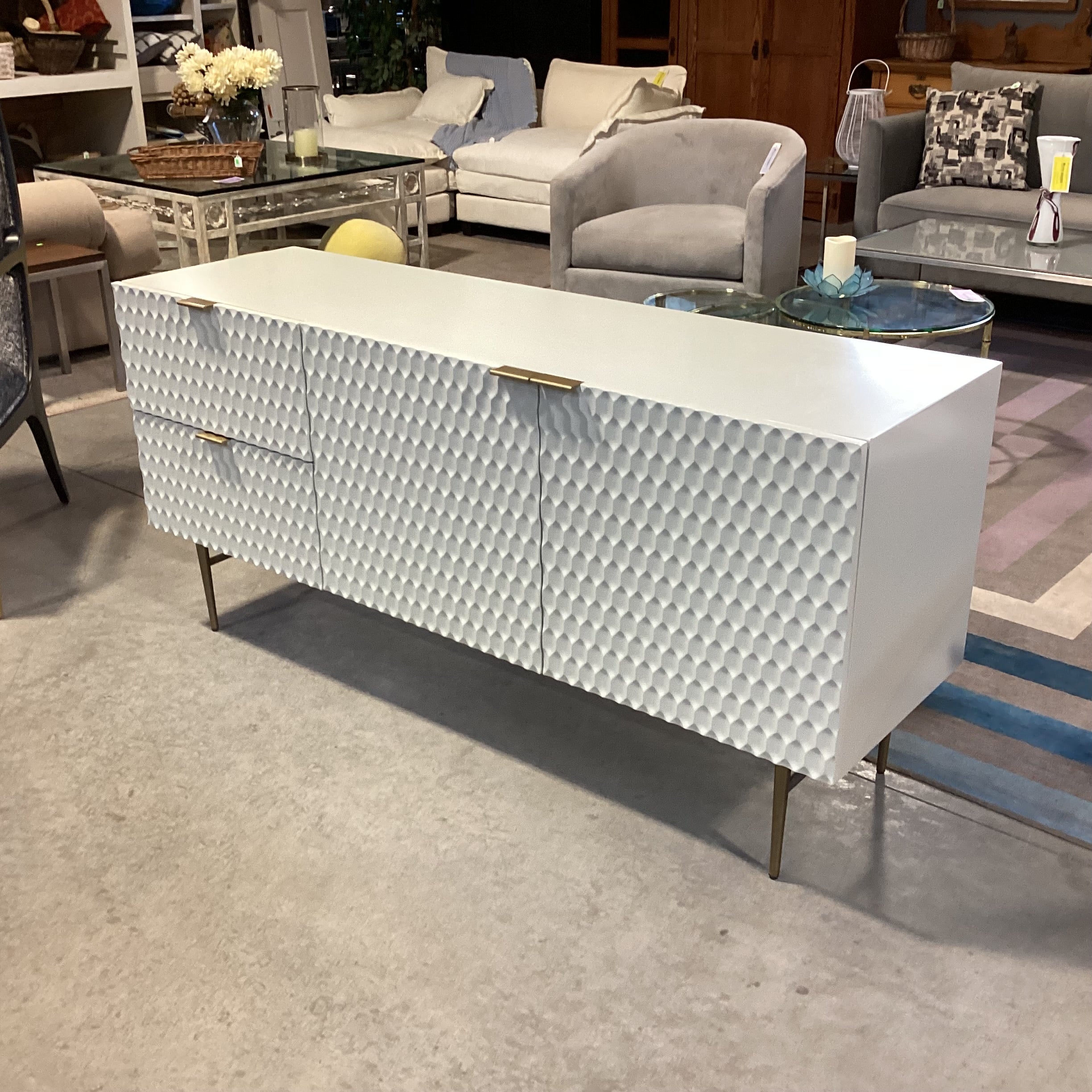 Williams Sonoma Audrey Parchment Kiln Dried Engineered Wood & Antiqued Brass Metal Handles Buffet 62"x 19"x 29.5"