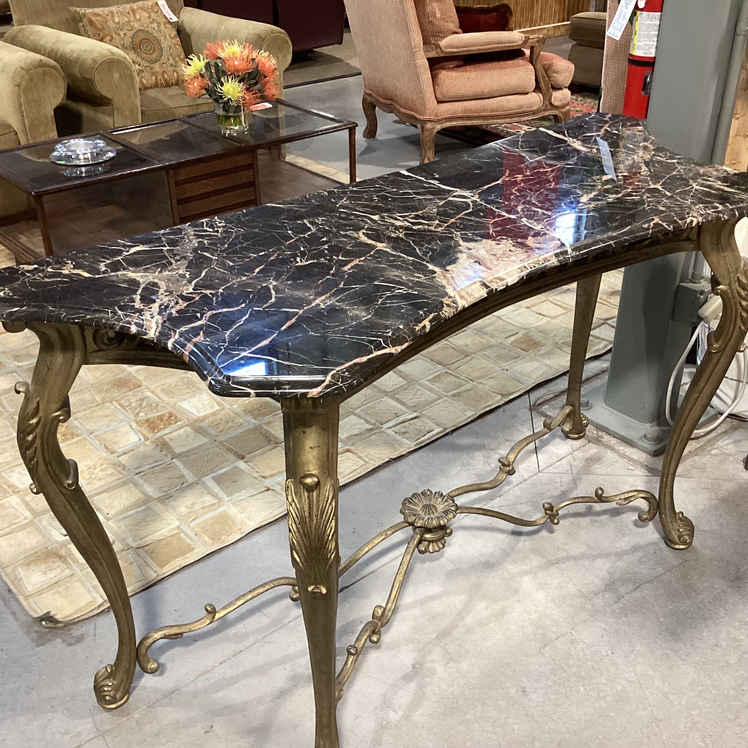 Gilt Gold Carved Wood Style Composite & Marble Top Accent Table 60"x 23"x 34.5"