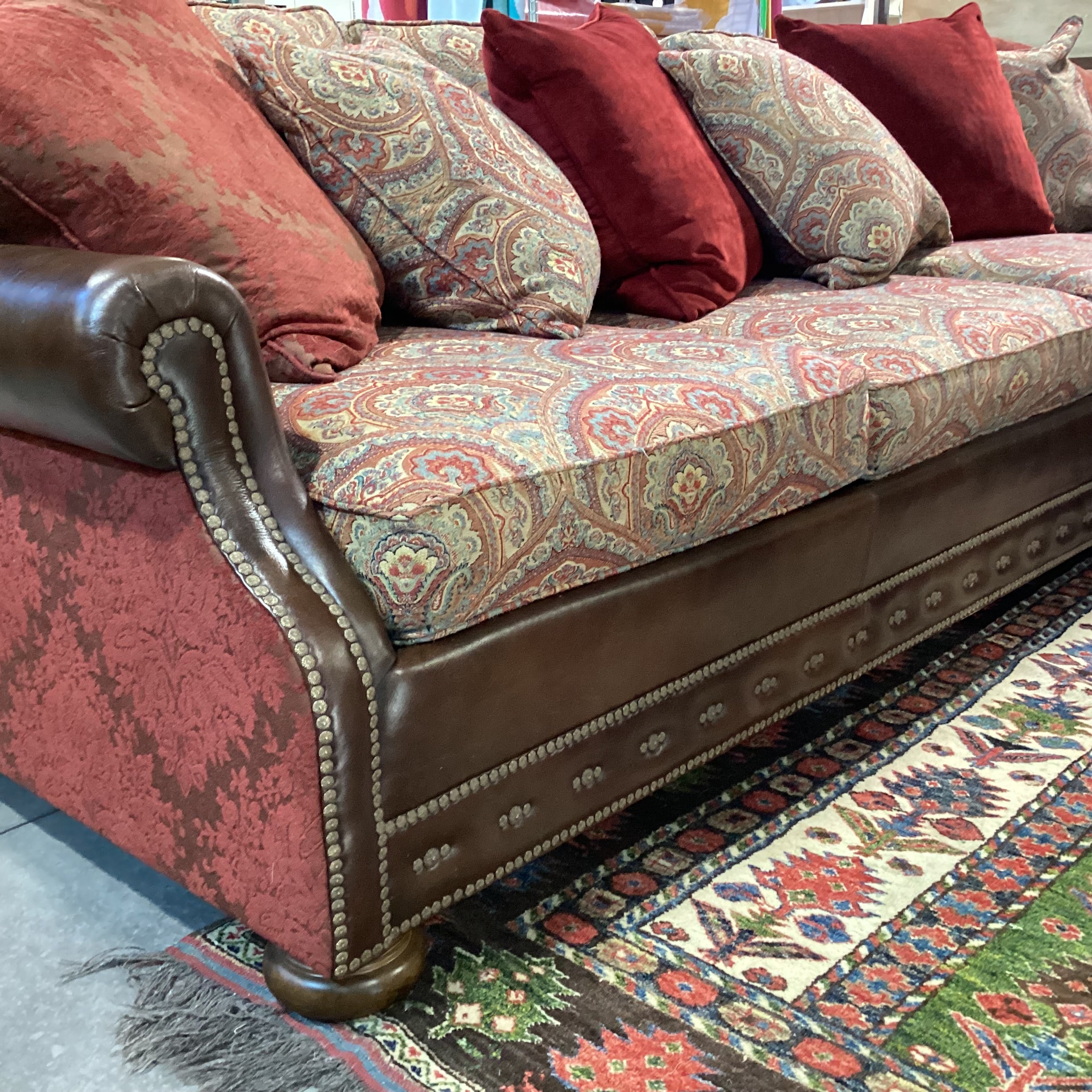 Massoud Luxery Western Leather Nailhead Ornate Floral & Reverse Velvet 2 Piece with Chaise Sectional 130"x 72"x 45"x 38"