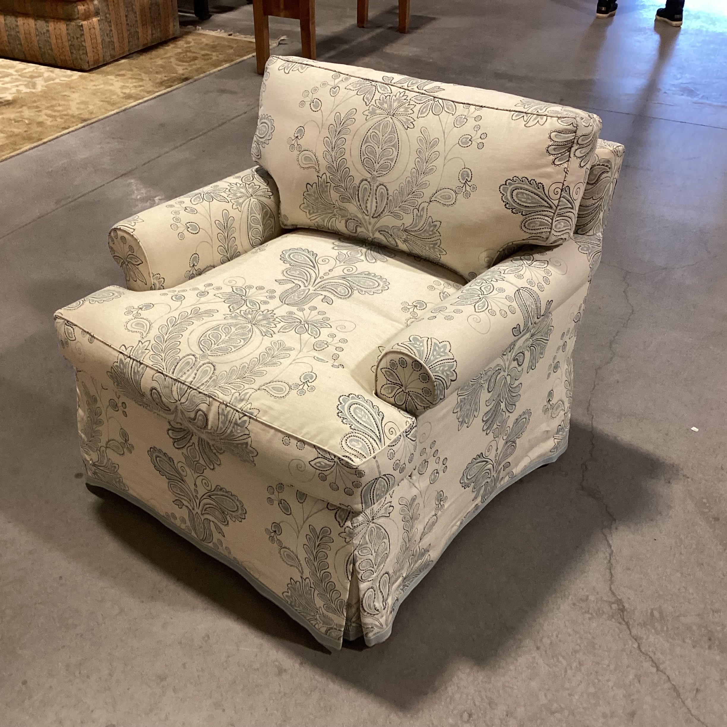 Custom Cream Blue Floral Linen Down Chair 33"x 33"x 28"