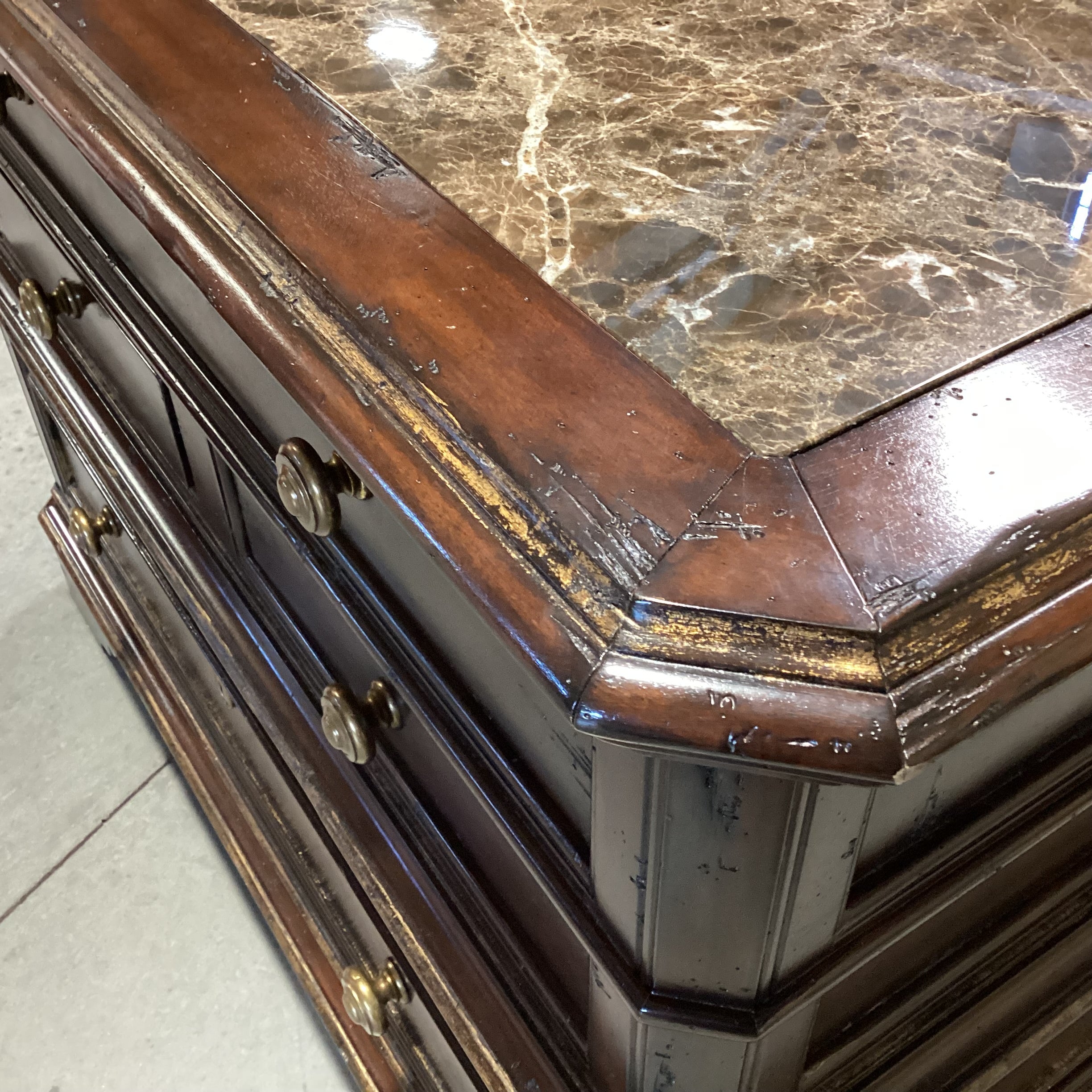 Marge Carson Antiqued Black with Gold Detail Solid Wood Marble Inset 4 Drawer with Brass Chest 46"x 24"x 35.5"