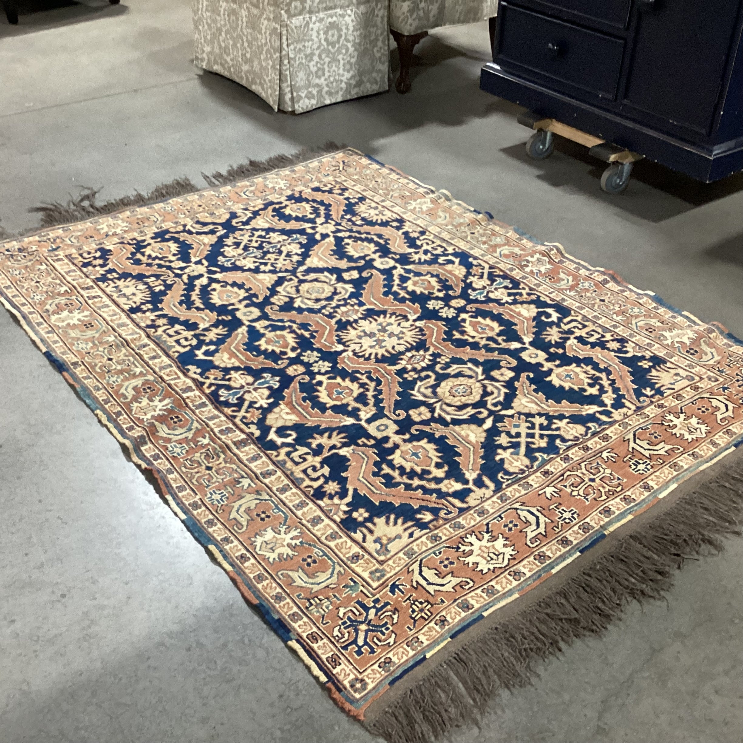 Vintage Antique Terracotta & Blue Hand Woven Wool Rug 4'9"x 7'