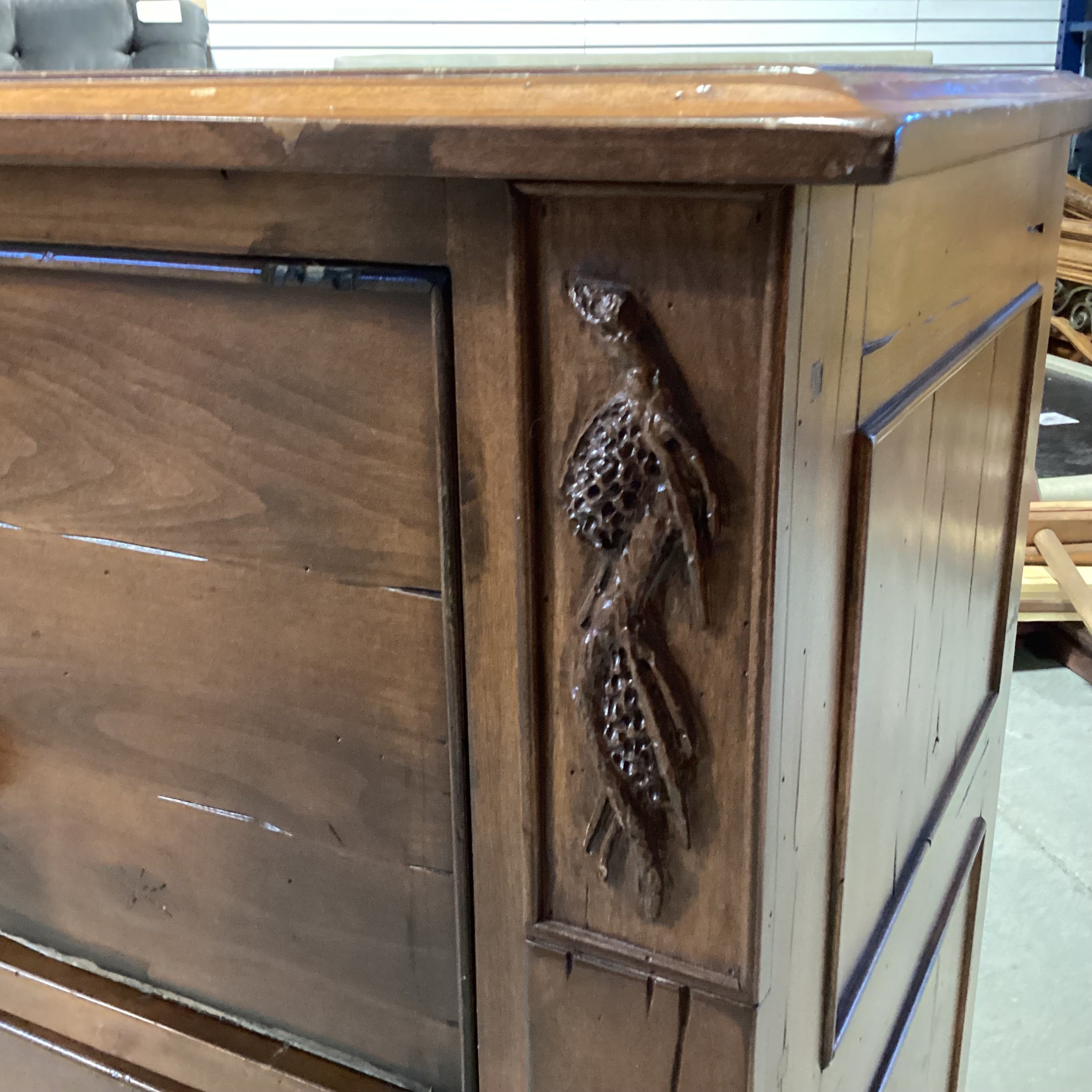 Distressed Finish Carved Pine Cone Wood 2 Drawer & Lift Top Media Dresser 34"x 20"x 43"