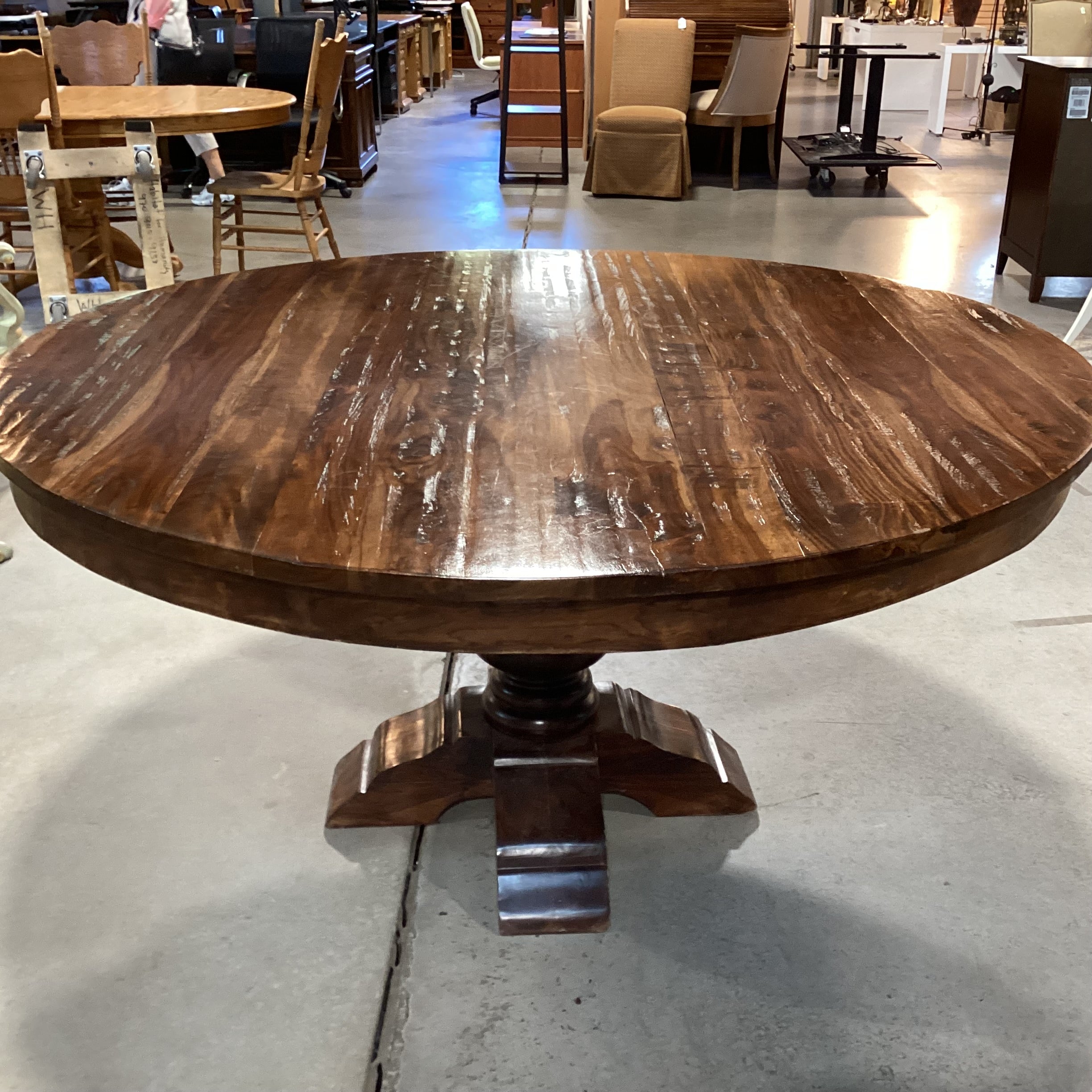 Dark Distressed Finish Round Solid Wood with Pedestal Dining Table 60" Diameter x 30.5"