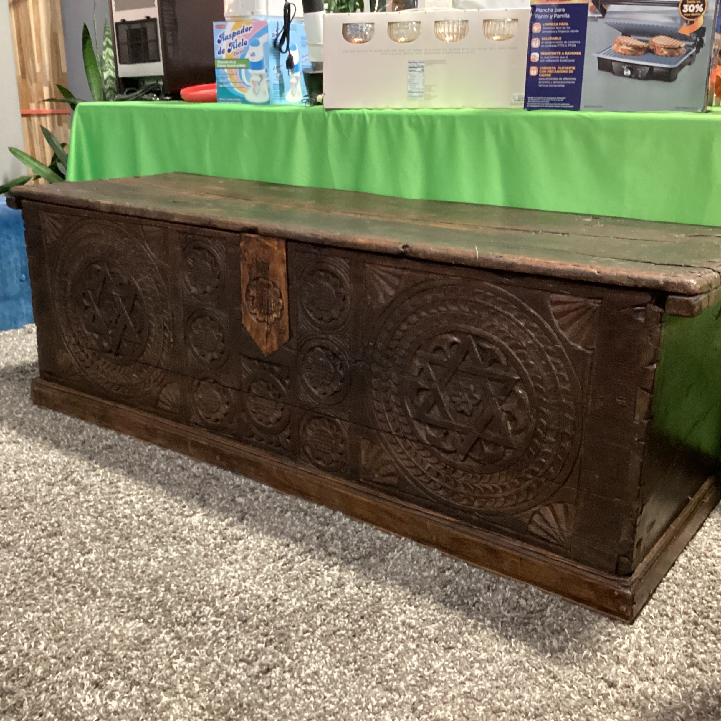 Antique 13th to 17th Century European Chip Carved Oak Hexagram & Geometric Rosettes Blanket Chest or Dowry Trunk 68"x 24"x 24"