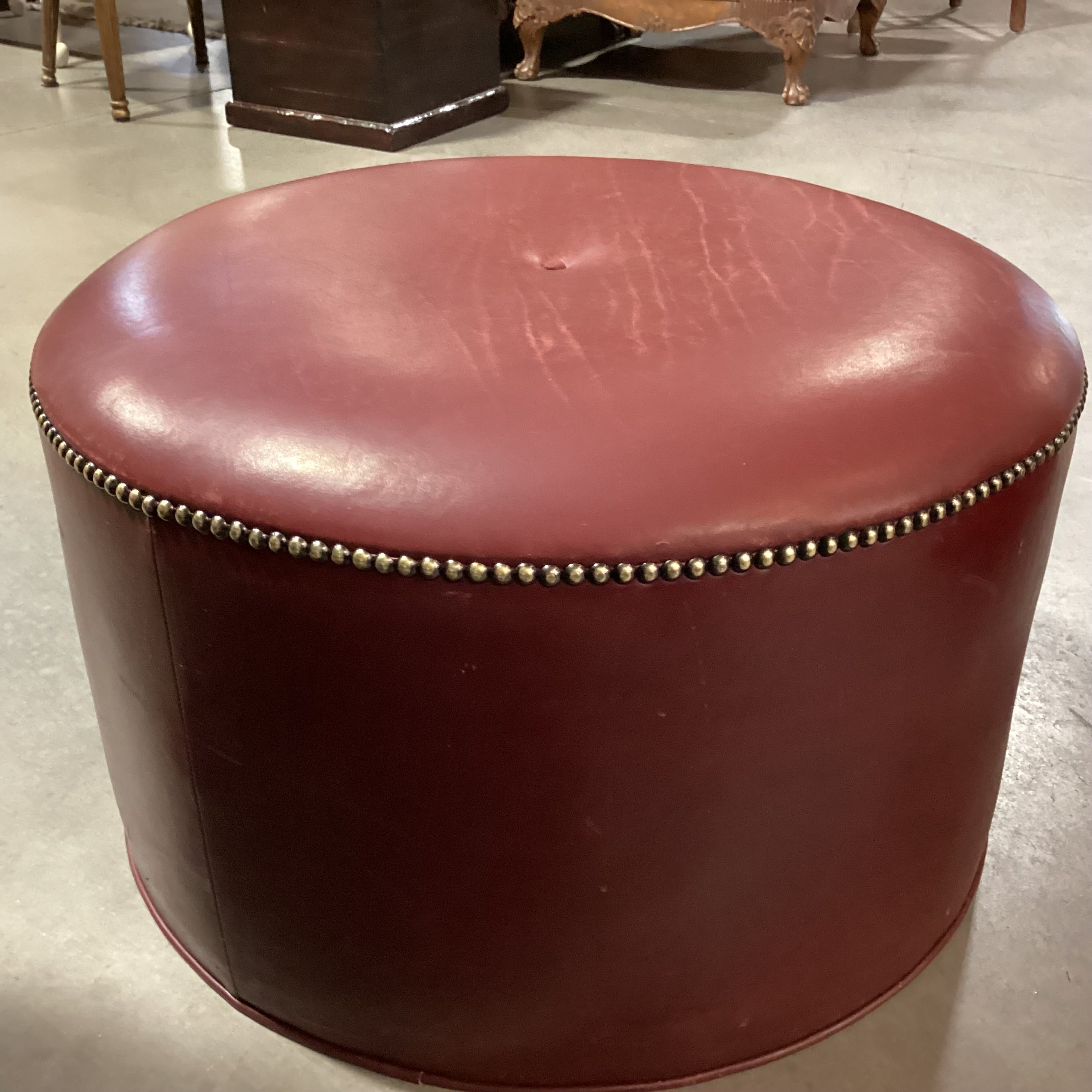 Stewart Furniture Design Red Tone Leather Nailhead Round Ottoman 27" Diameter x 16"