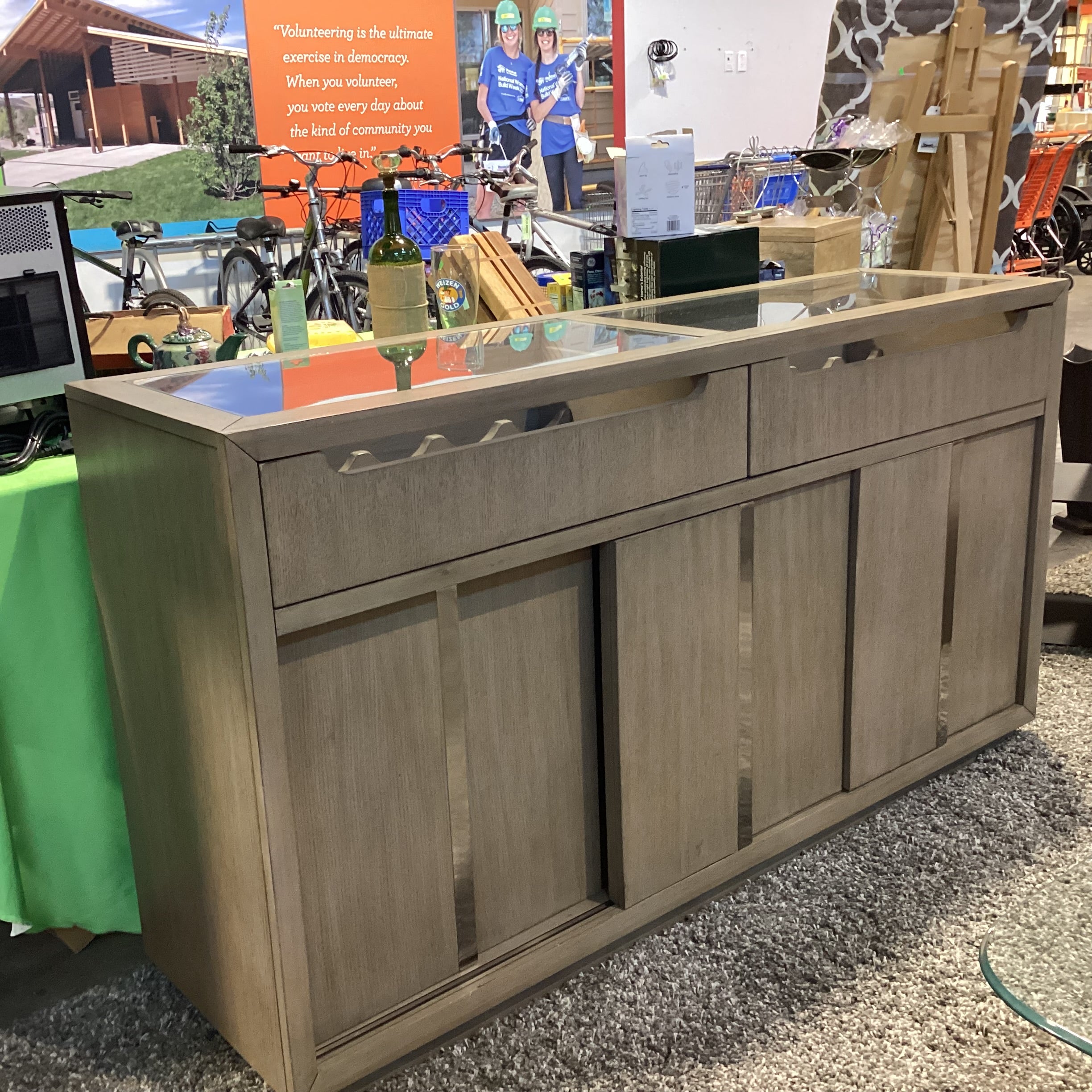 Klaussner Olive Grey Tone Finish Sliding Doors & 2 Wine Drawers with Glass Top Server Sideboard 65"x 18"x 36"