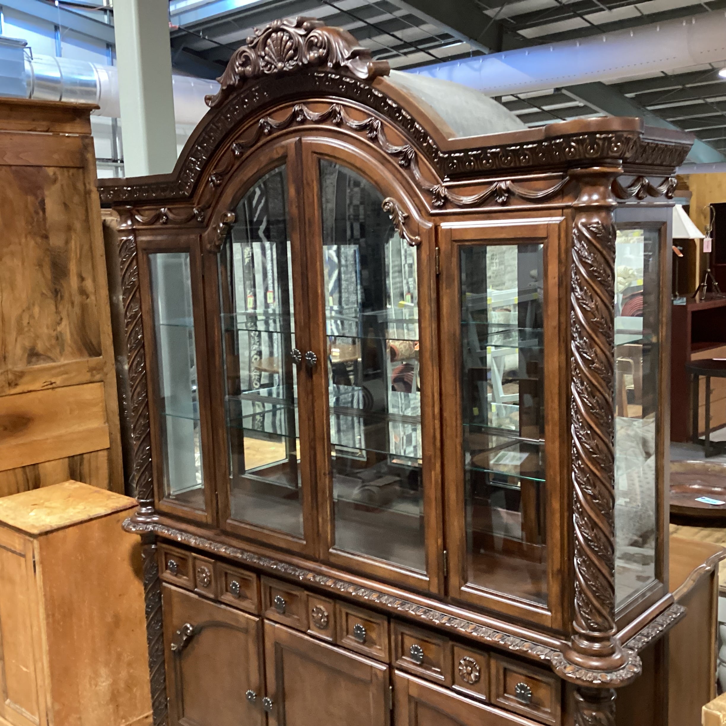 Ashley Furniture North Shore Ornate Carved Wood & Glass 2 Piece China Hutch 71"x 19"x 91"