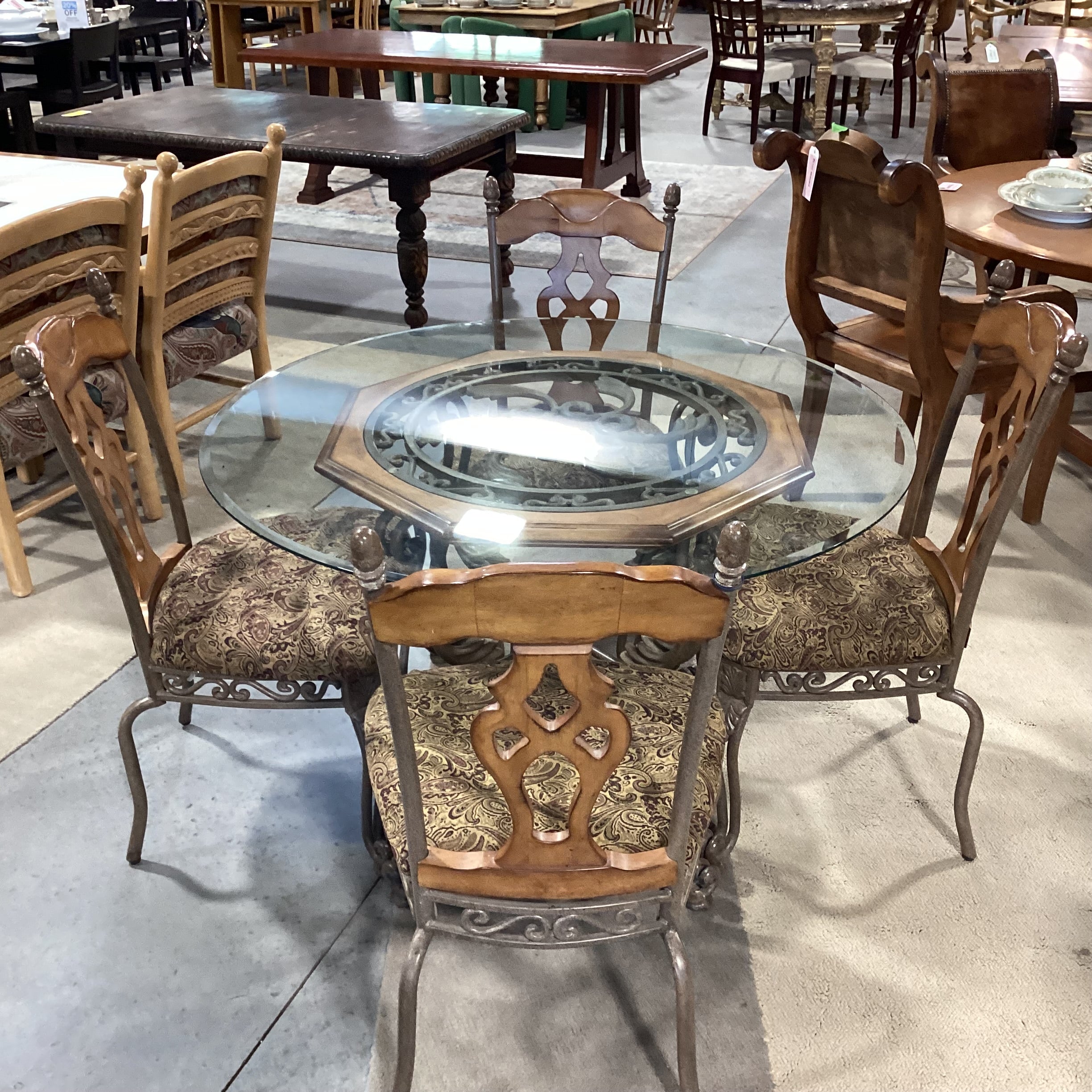 Ashley Ornate Iron Wood & Round Glass Table with 4 Chairs Dining Set 48" Diameter x 30"