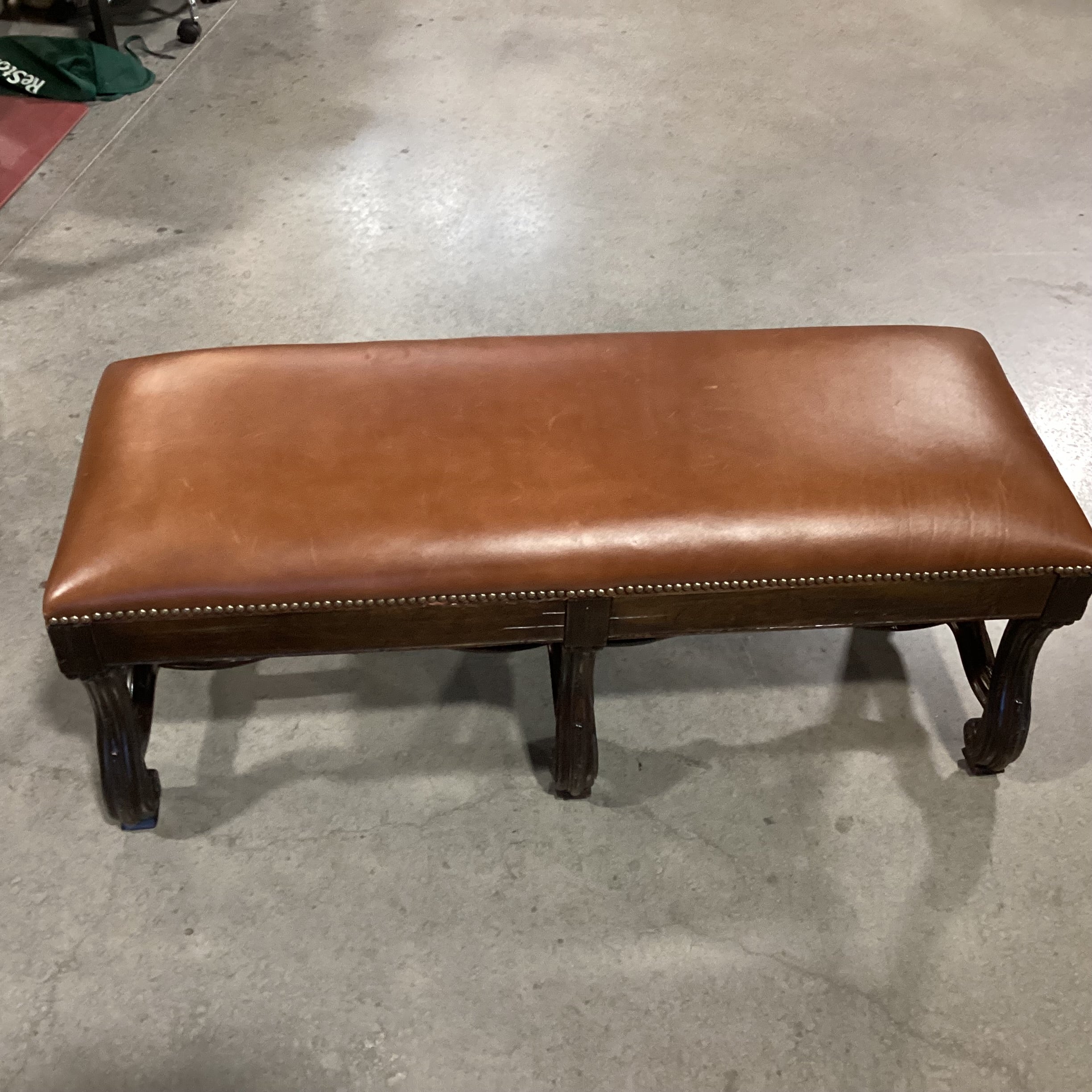 Lorts Leather Nailhead With Dark Finish Ornate Carved Trestle Bench 48"x 19"x 20"