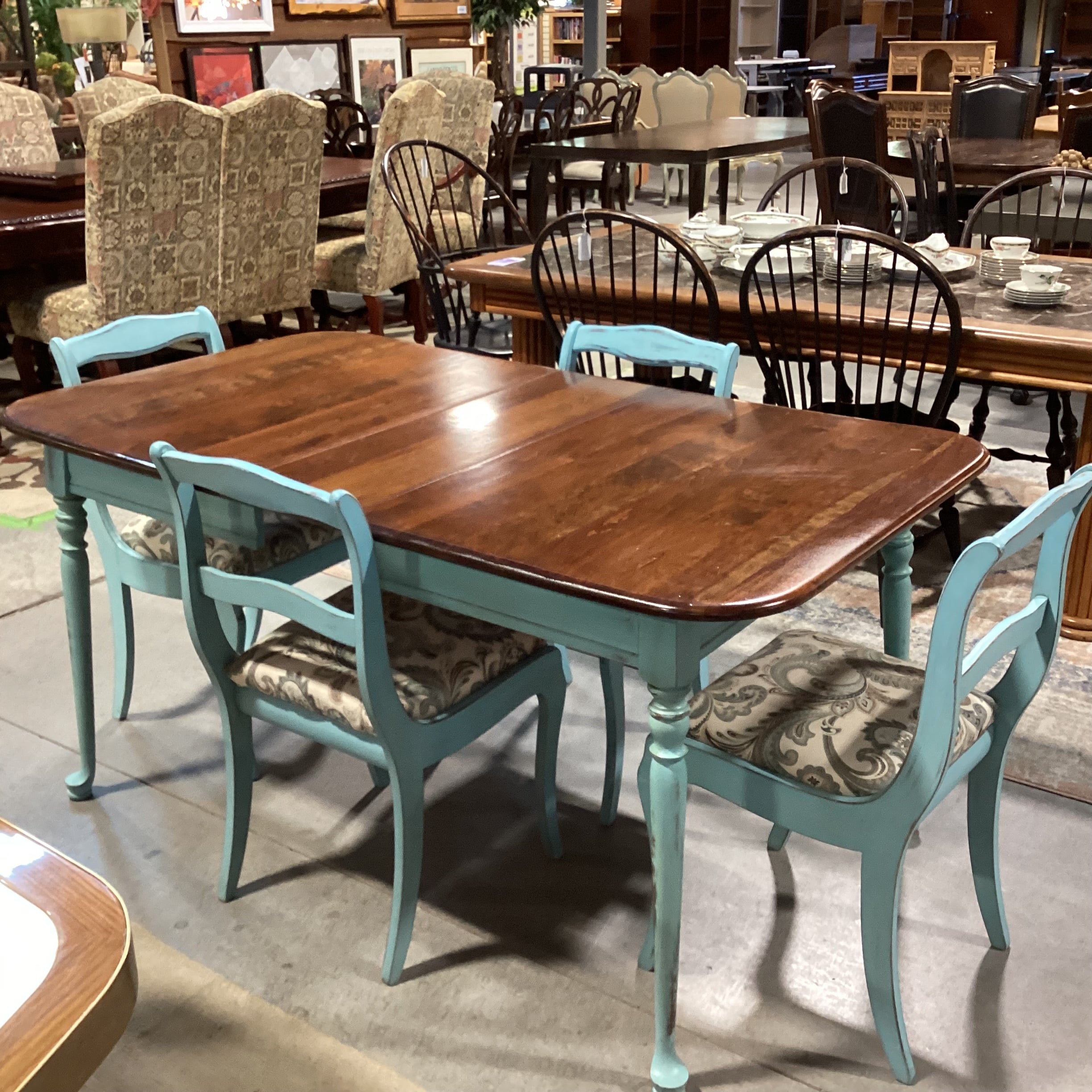 Antique Refinished Blue & Wood Table with 4 Chairs Dining Set 52"x 36"x 30.5"