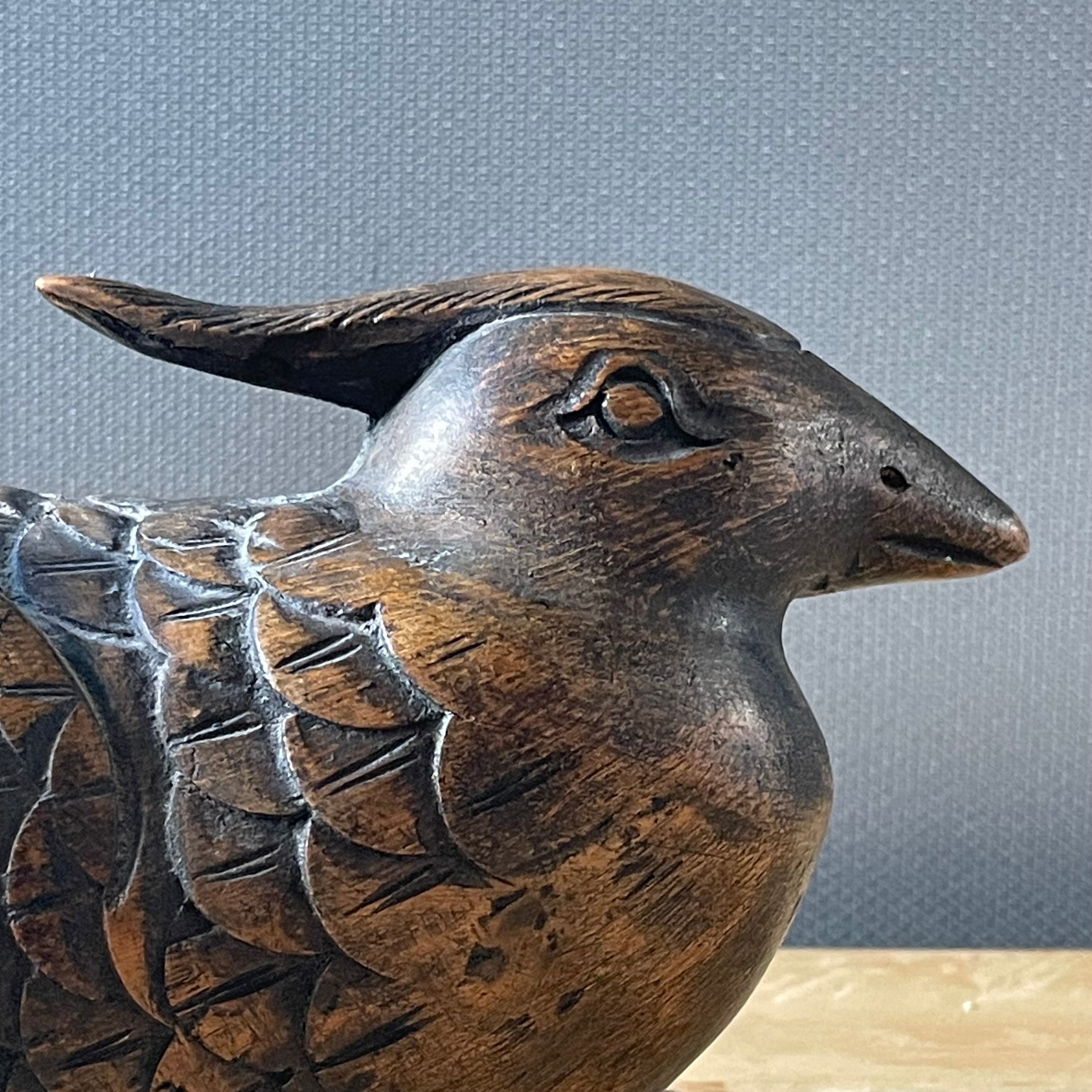 Antique Japanese Hand Carved Hardwood Mandarin Duck "Jizaikagi", or Hearth Hook, 11"x 4"x 5"