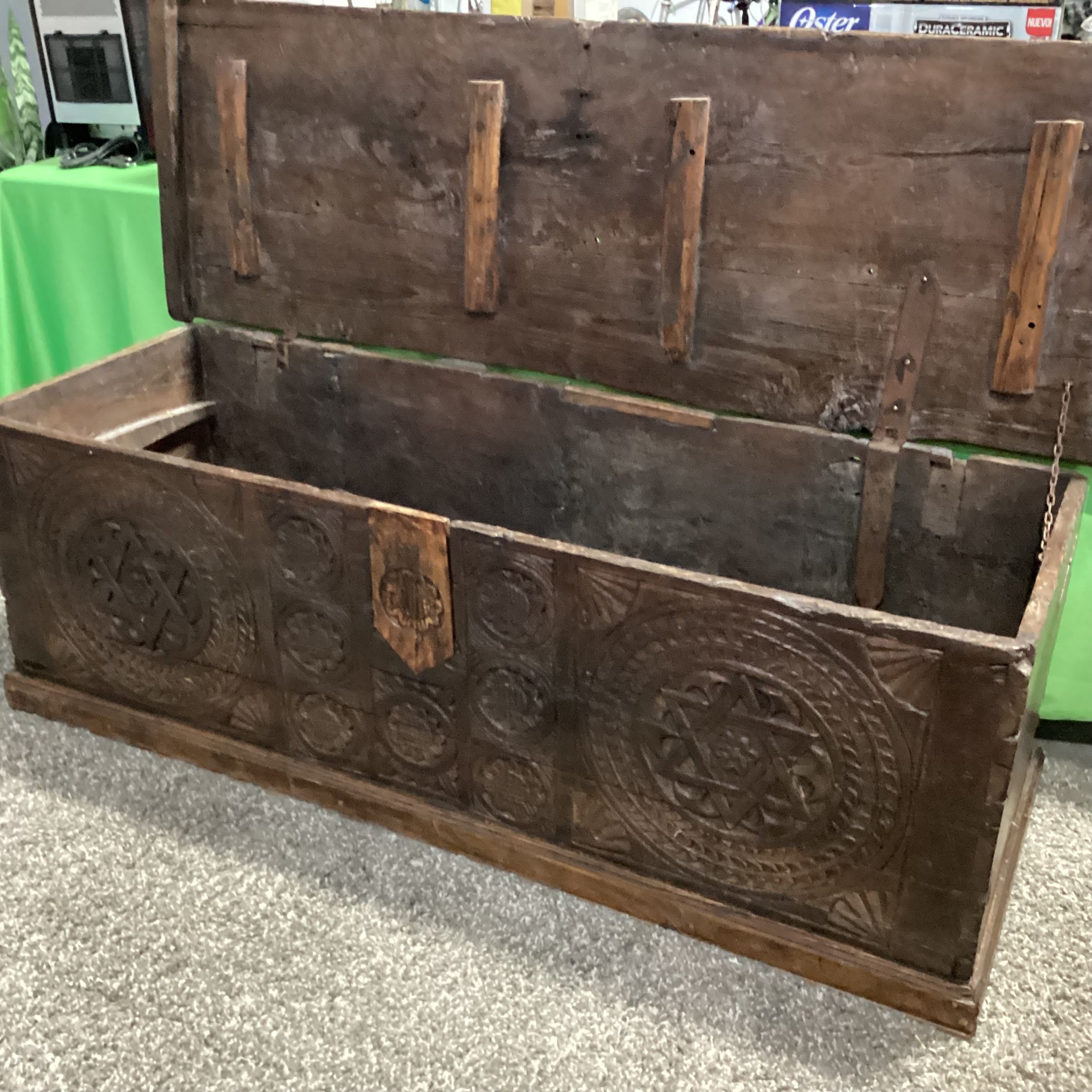 Antique 13th to 17th Century European Chip Carved Oak Hexagram & Geometric Rosettes Blanket Chest or Dowry Trunk 68"x 24"x 24"