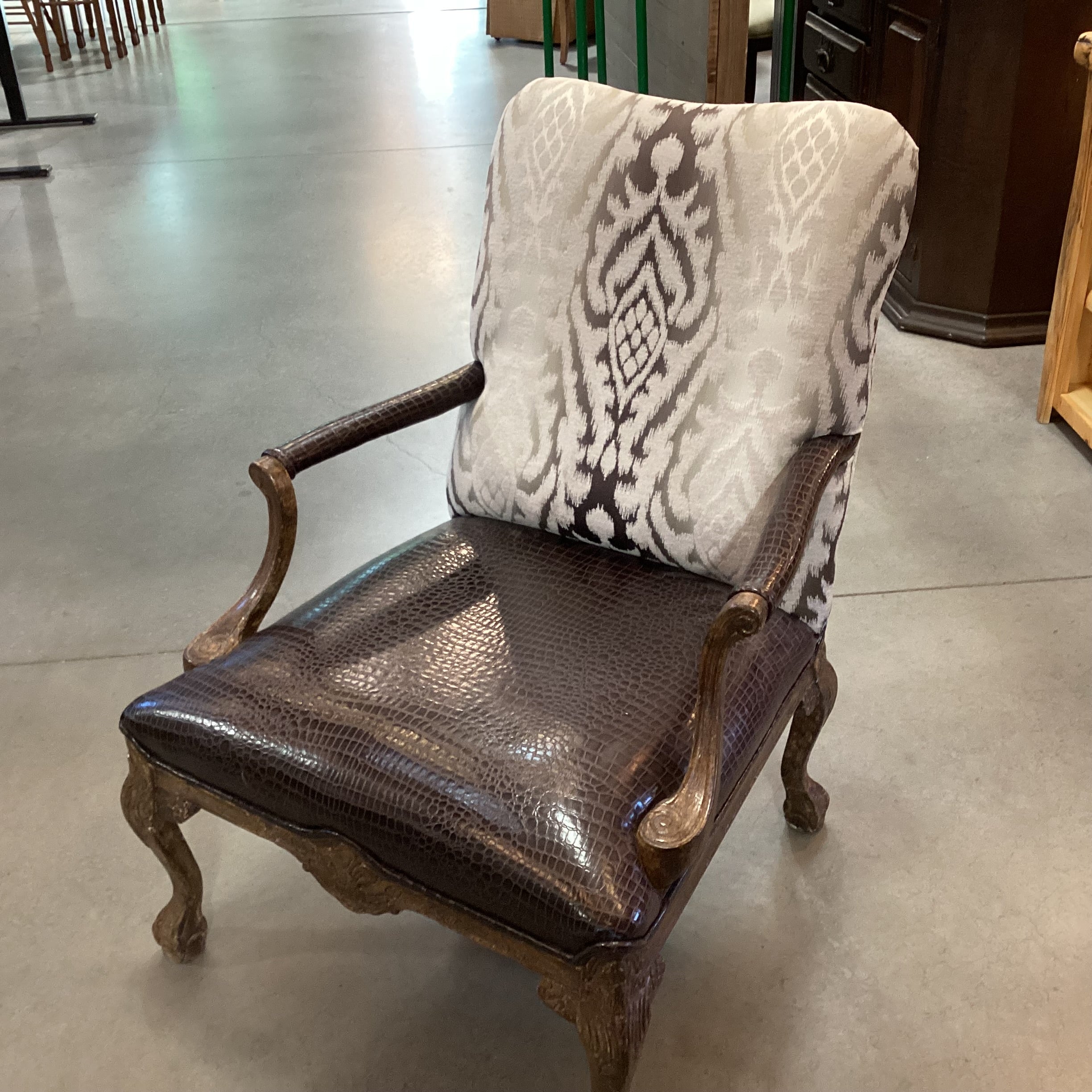 ARA Collection Croc Style Leather Raised Ivory Velvet & Brown Metallic Woven with Crackle Finish Claw & Ball Carved Wood Chair 29"x 32"x 39"