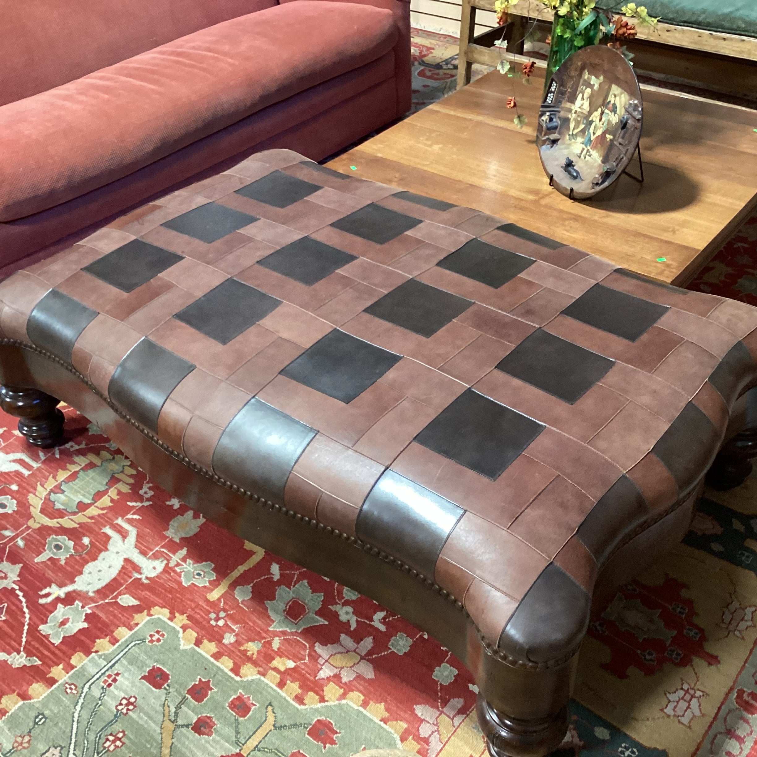 T J Hooker Brown Tones Patchwork Leather Nailhead & Carved Distressed Wood Cocktail Ottoman 61"x 41"x 20"