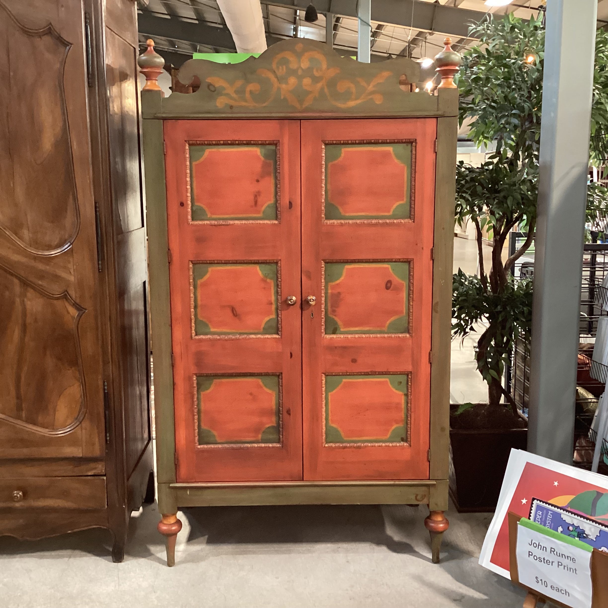 Custom Carved Wood Antiqued Red & Green Handpainted 2 Door Wardrobe Armoire 46"x 24"x 82"