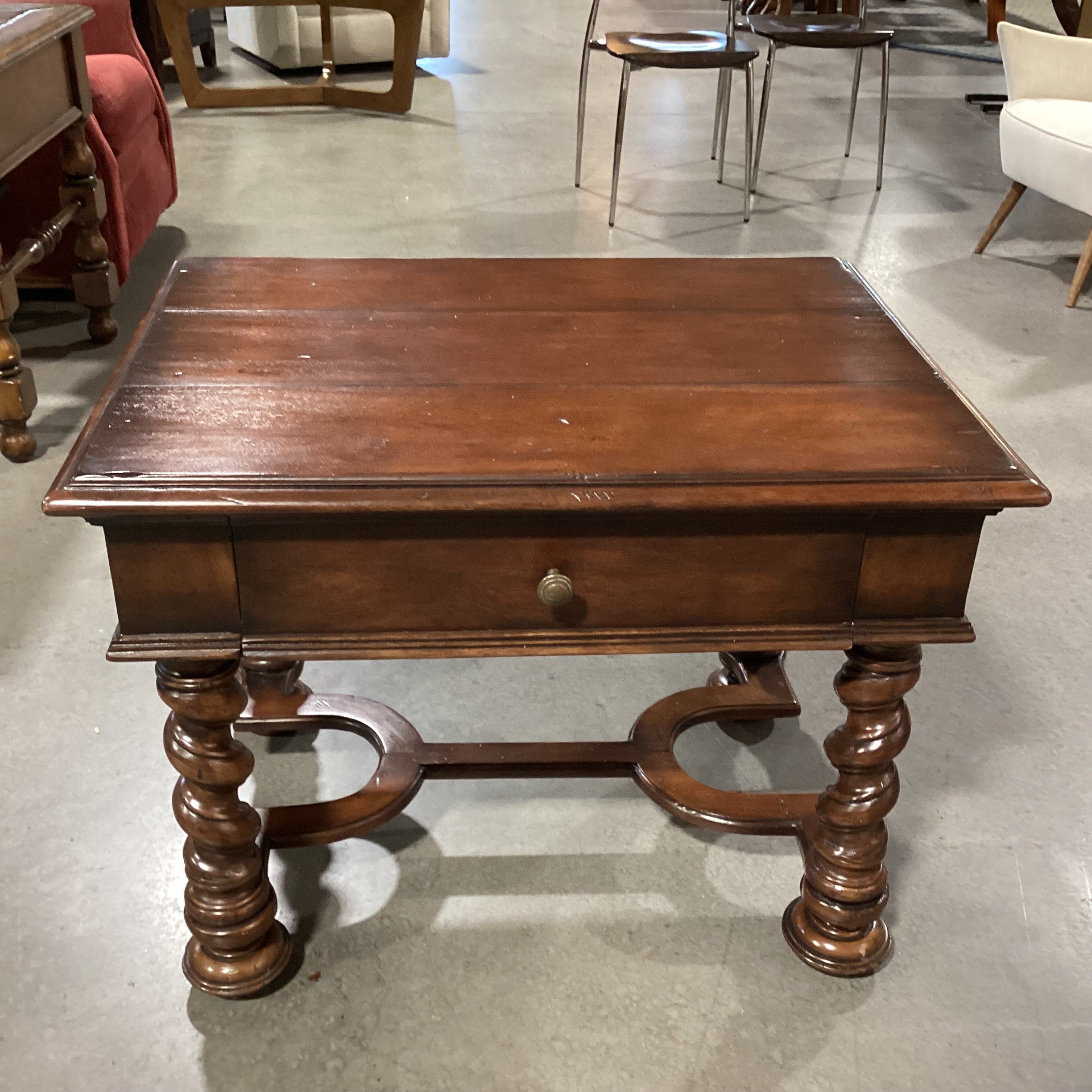Ornate Carved Finished Solid Wood 1 Drawer Side Pullouts Trestle Base End Table 32"x 24"x 25"