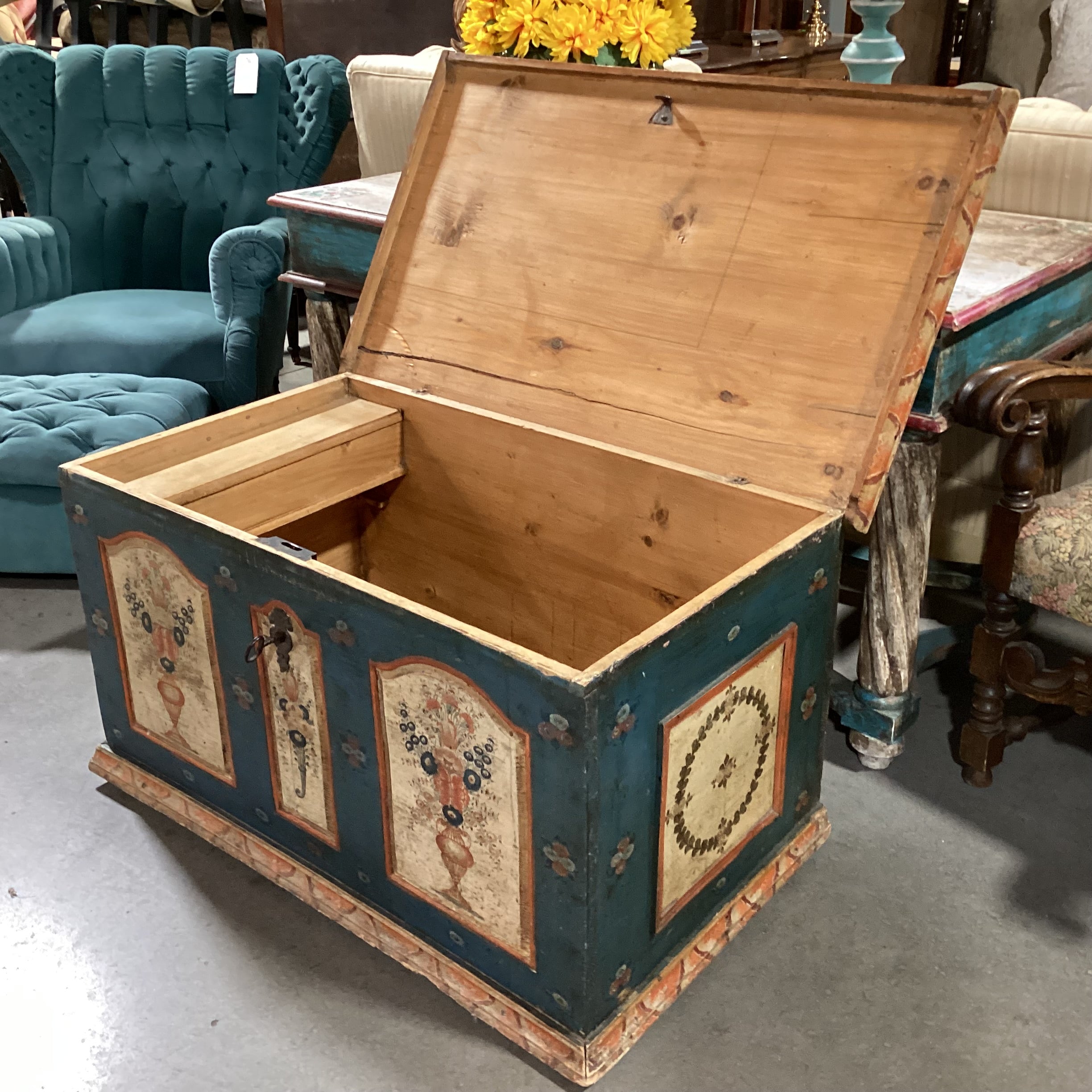 Antique Carved Wood Hand Painted Blue with Floral Panels Trunk 42"x 25"x 23.5"