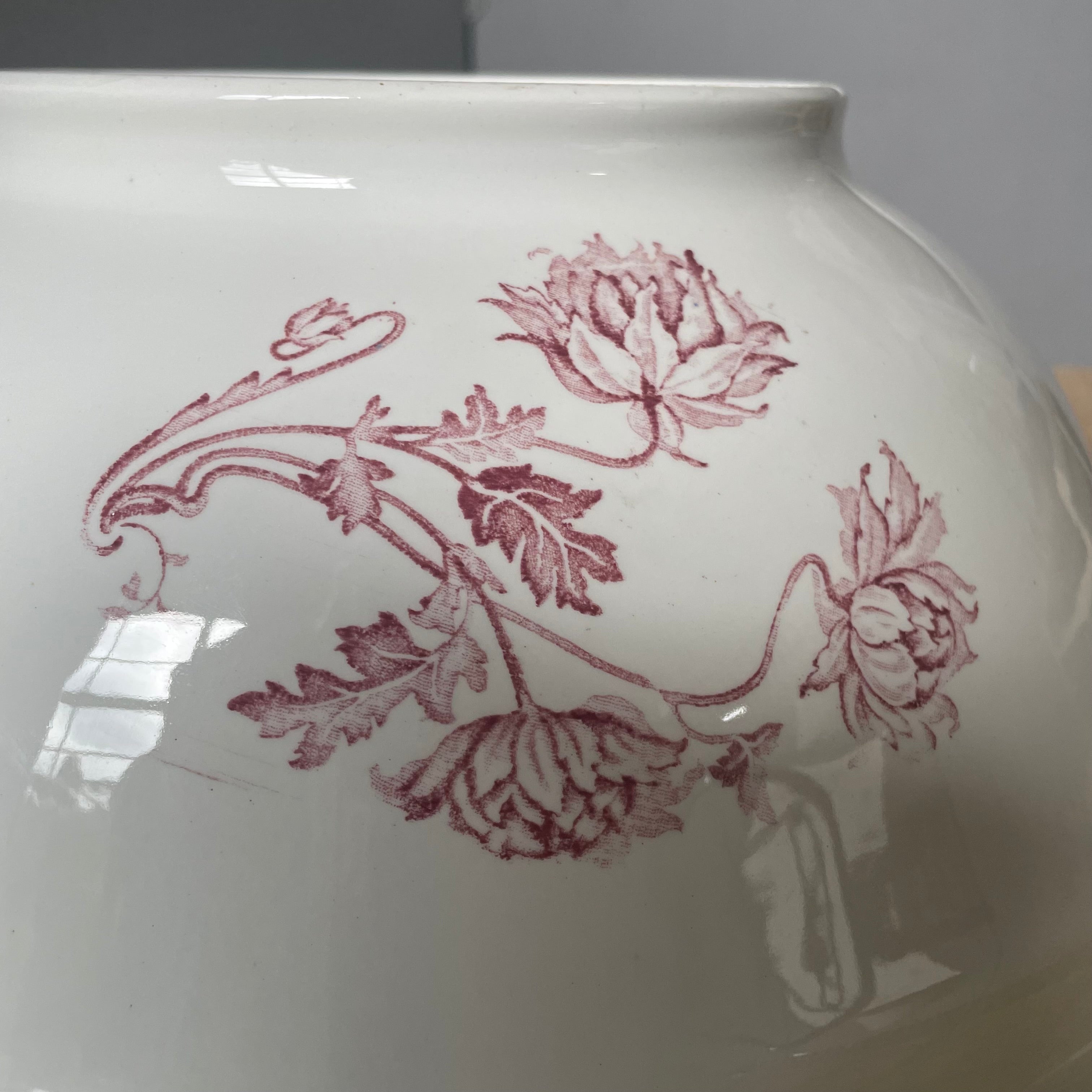 Antique F Winkle & Co Colonial Pottery Red Wine Floral TransferWare Ironstone "Togo" Wash Basin/Bowl,16"x 5"