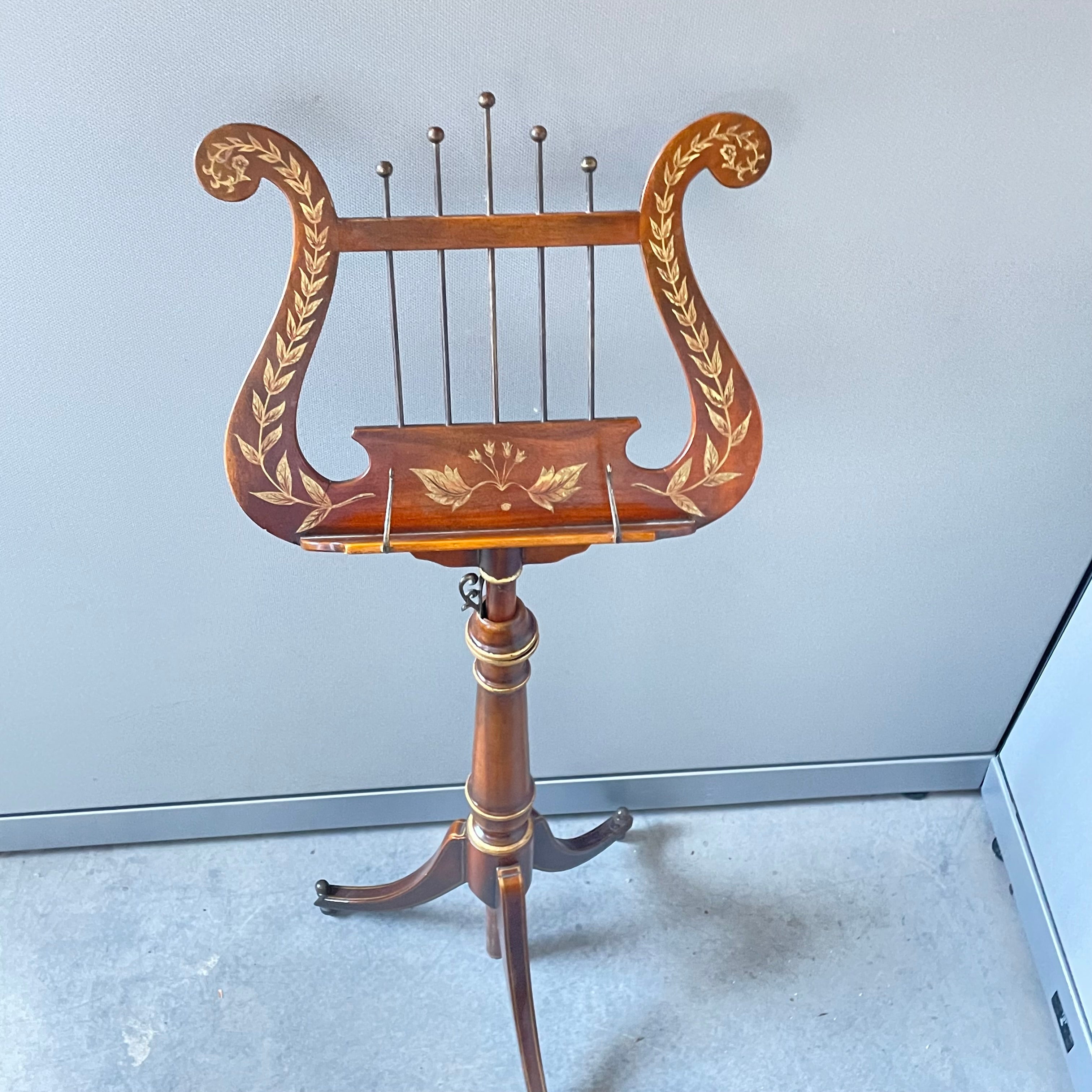 Antique Theodore Alexander Style Mahogany Harp Lyre Adjustable Music Stand, 17"x 46"