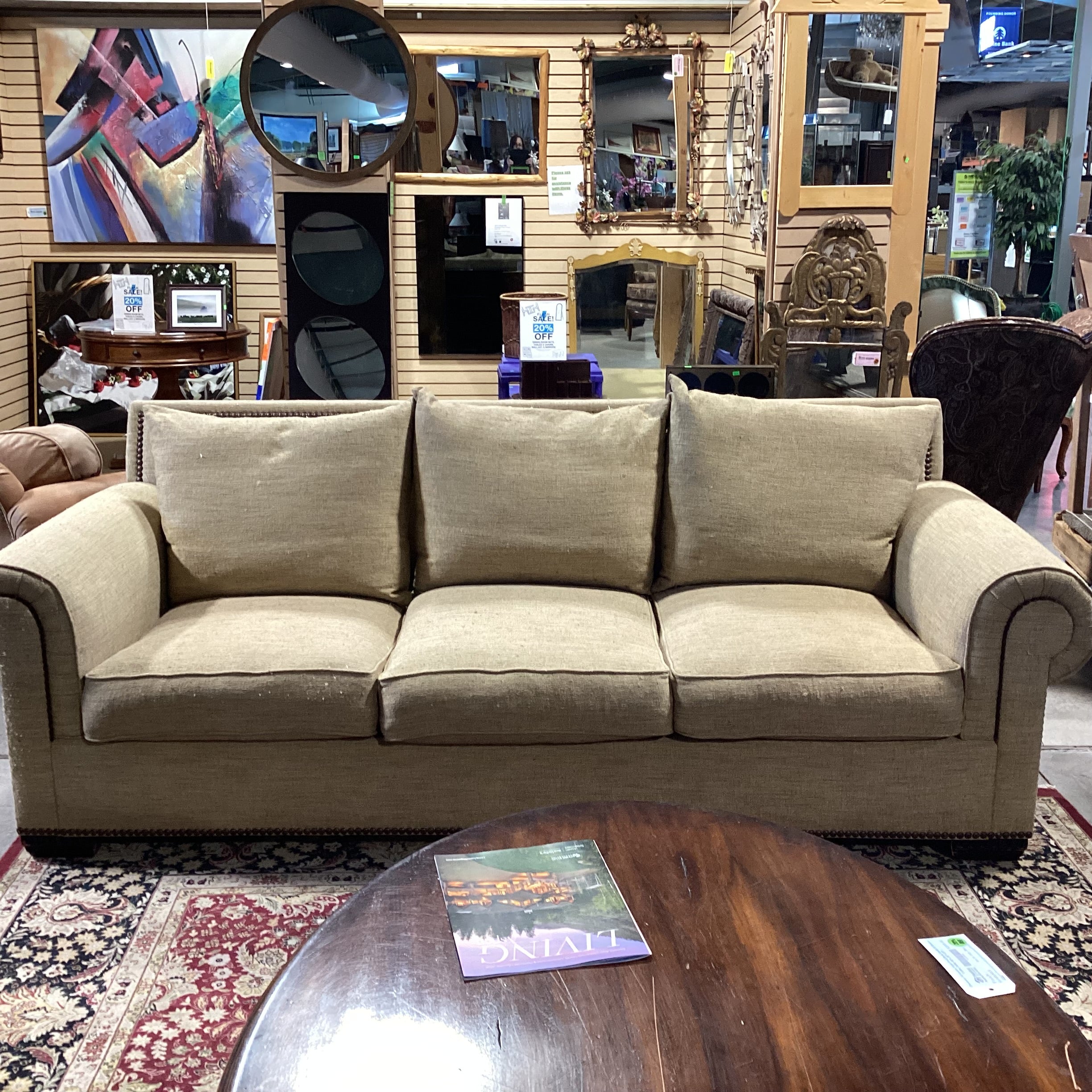Rene Cazares Golden Tan Woven with Nailhead Down Mix Sofa 96"x 38"x 35"