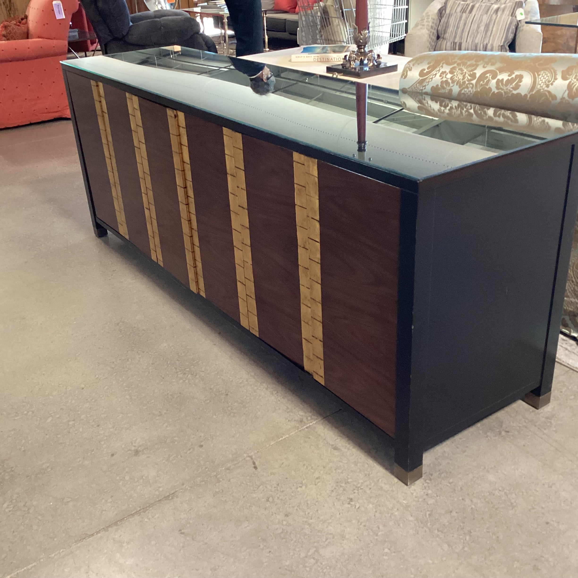 Bolier & Co Vintage Black Lacquer Dark Finished Wood Veneer & Gold Gilt 4 Door 6 Drawer & Shelves Credenza 82"x 21"x 30.5"
