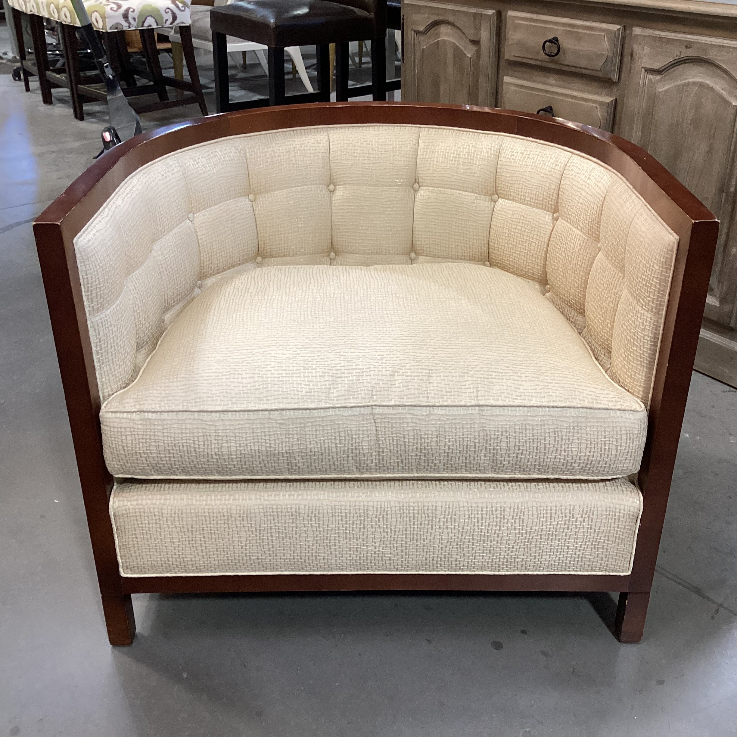 Baker Furniture Golden Silky Woven with Button Tufting Half Moon Chair 36"x 31"x 30.5"