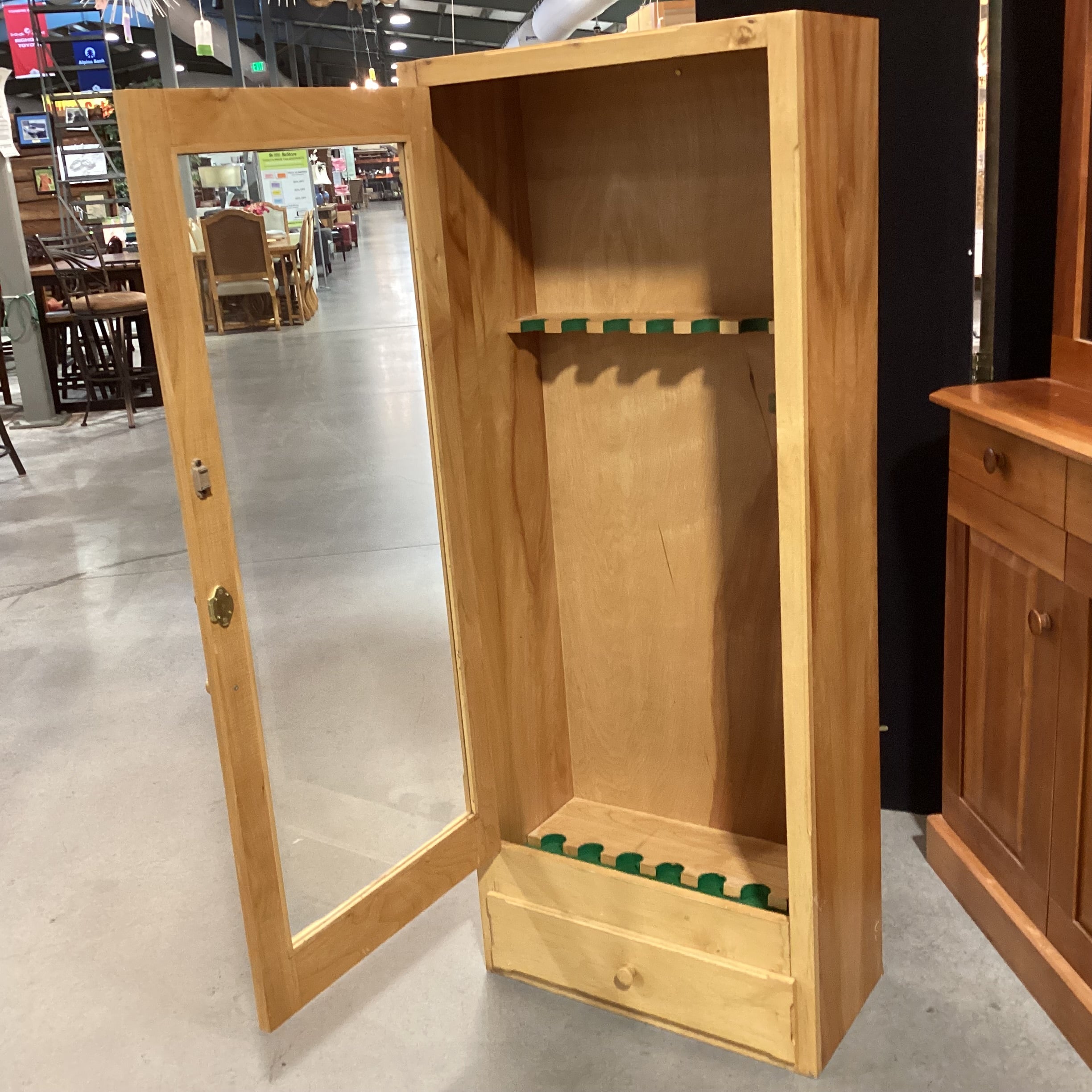 Natural Wood & Glass Door with Key Bottom Drawer Gun Cabinet Armoire 24"x 13"x 60"