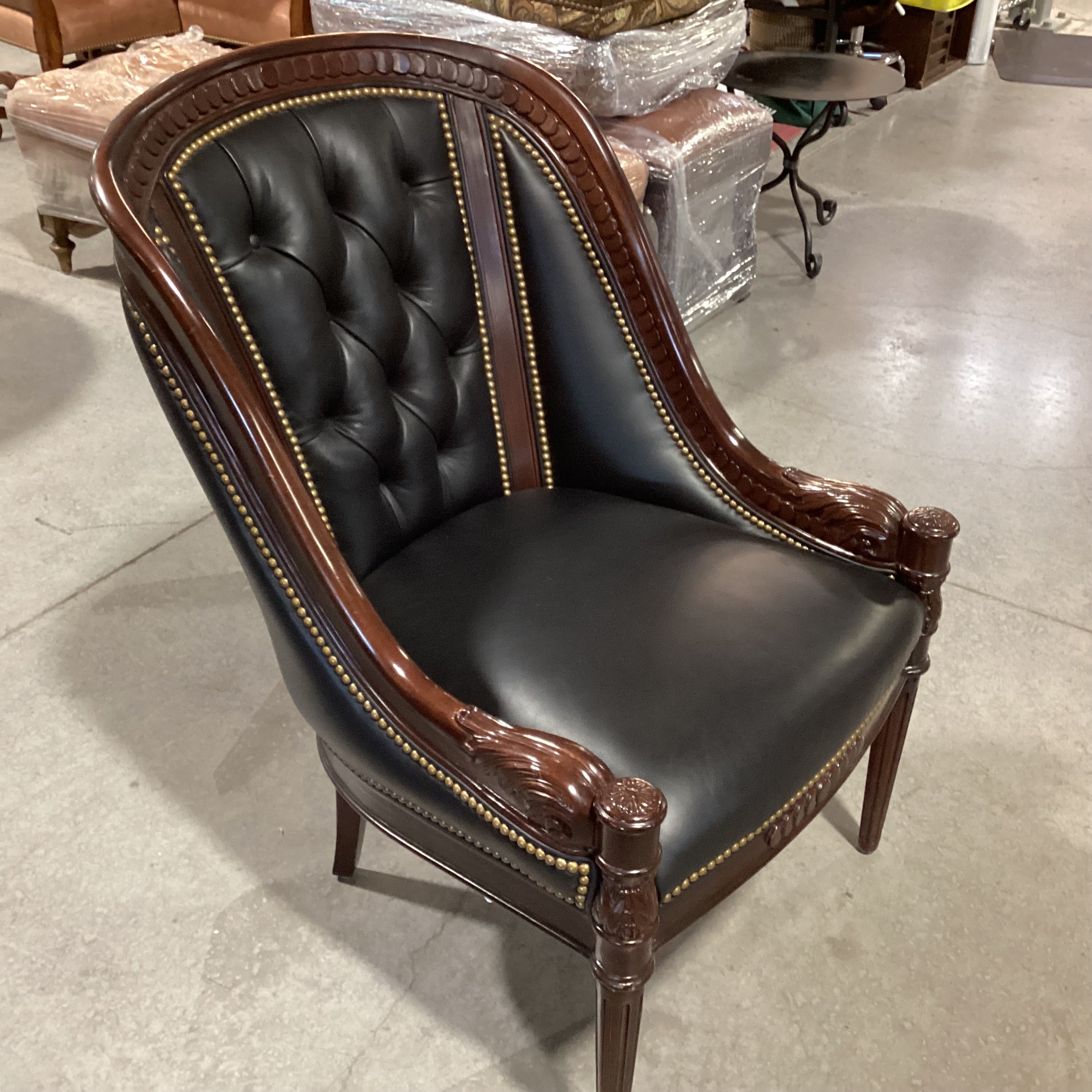 Hancock & Moore Ornate Mahogany Finish Wood Black Leather Tufted Nailhead Accent Chair 27"x 32"x 39"