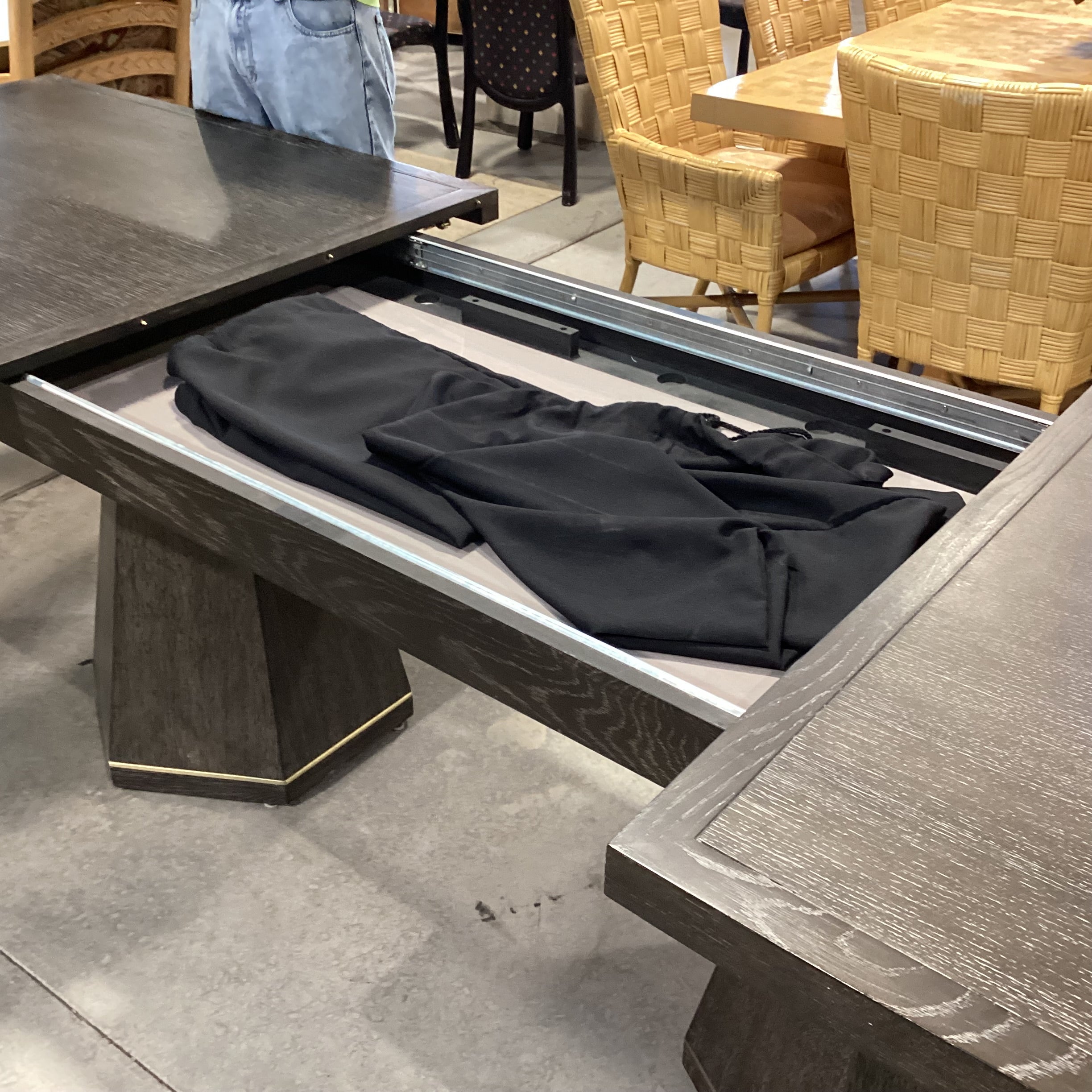 Mitchell Gold & Bob Williams Modern Cerused Charcoal Finish Oak Geometrical Pedestals with Brass Emerson Dining Table 96" to 132"x 42"x 30.5"