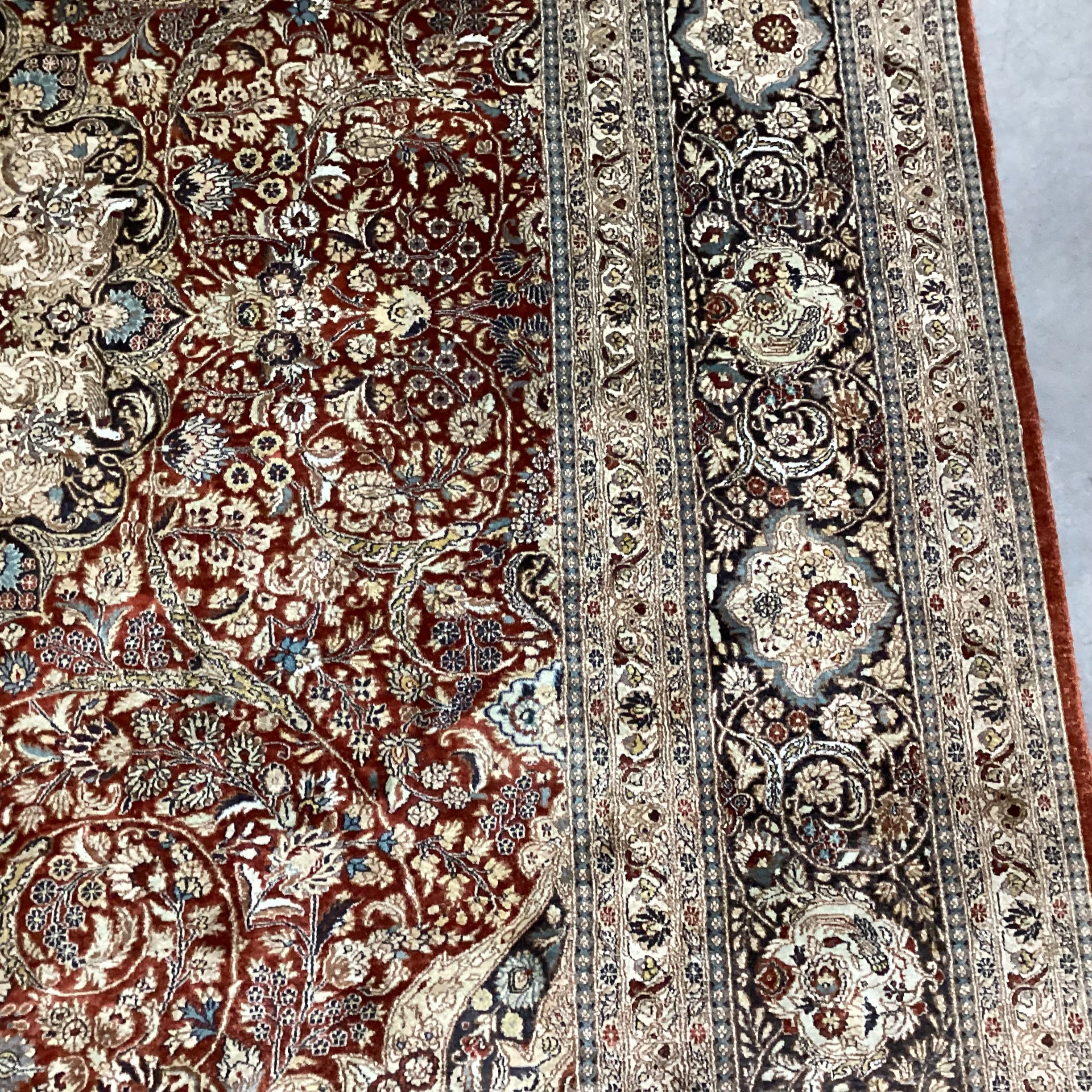 Persian Cream Rust Red Black & Blue Hand Woven Silk Rug 8'1"x 10'1"