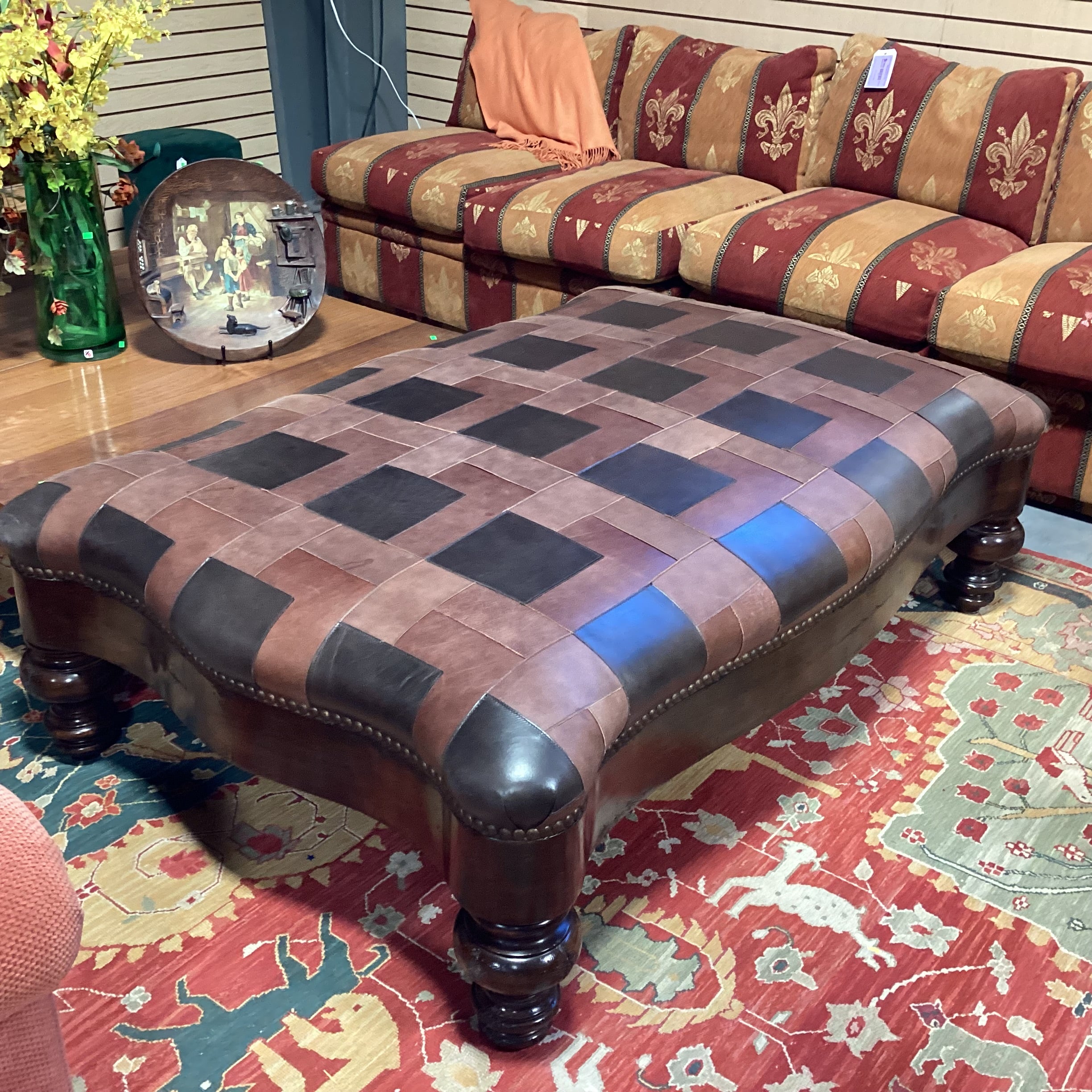T J Hooker Brown Tones Patchwork Leather Nailhead & Carved Distressed Wood Cocktail Ottoman 61"x 41"x 20"