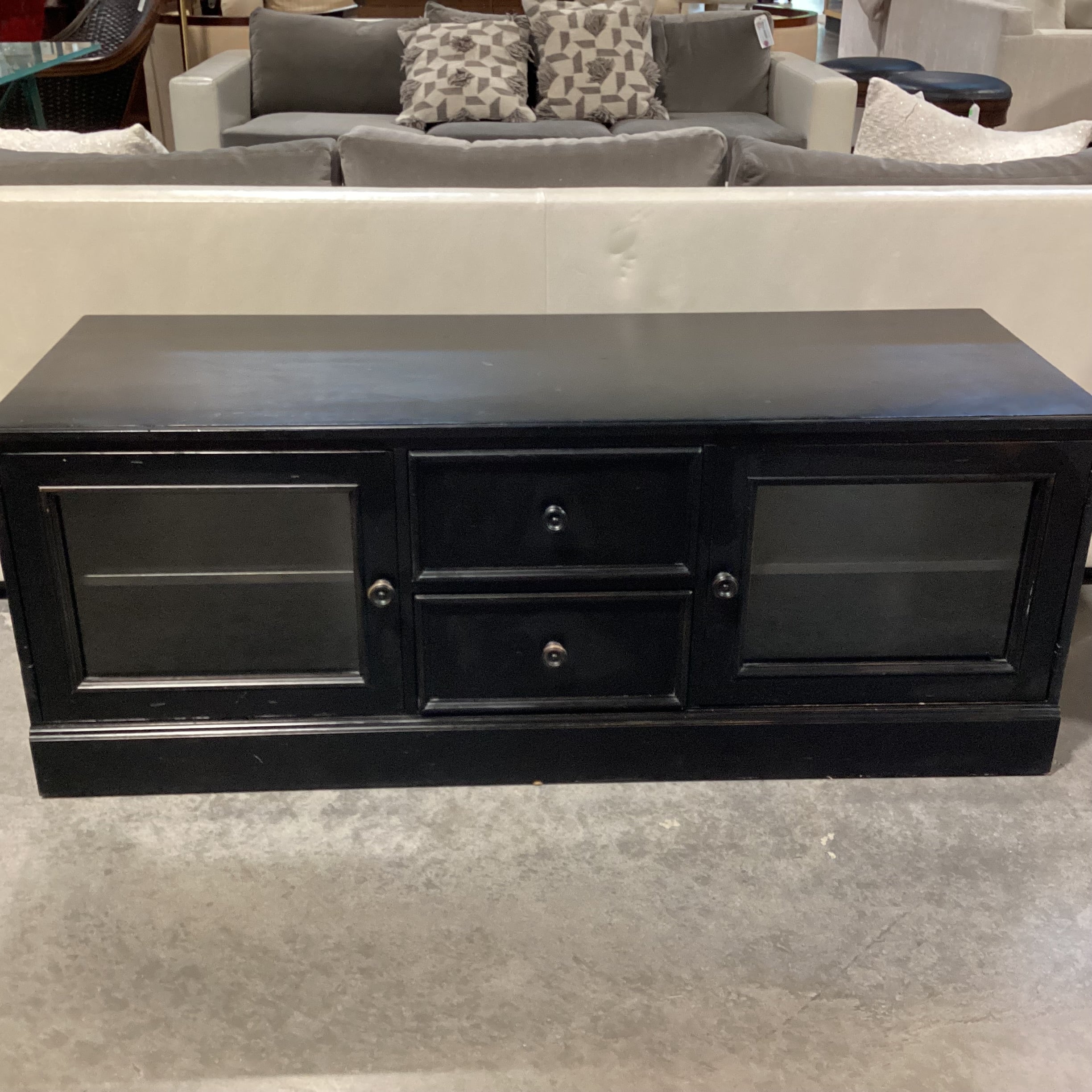 Ethan Allen New Country Distressed Black Wood 2 Glass Door with Shelves 2 Drawer Console 60"x 21.5"x 23"