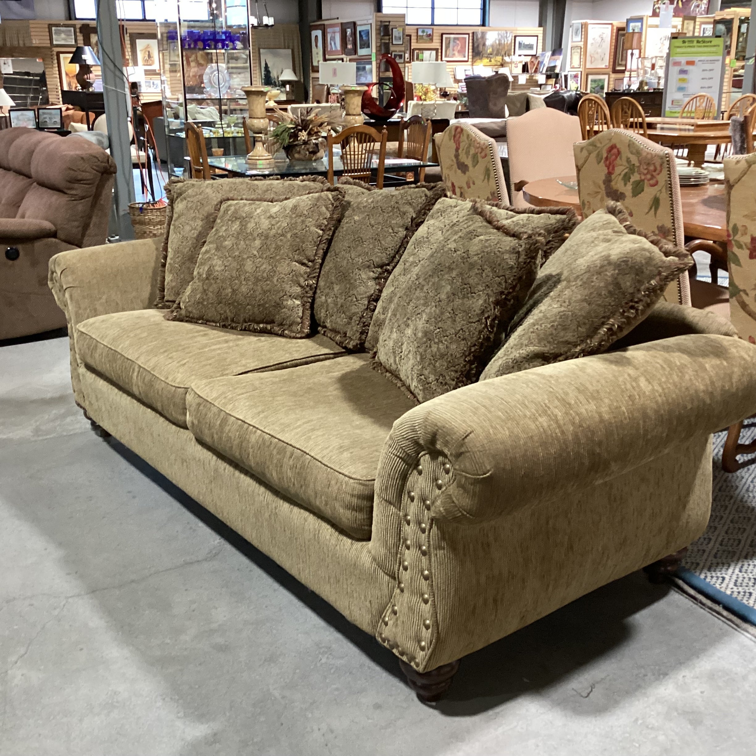 Olive Texture Ribbed & Nailhead with Reverse Multi Back Pillows Sofa 98"x 40"x 30"