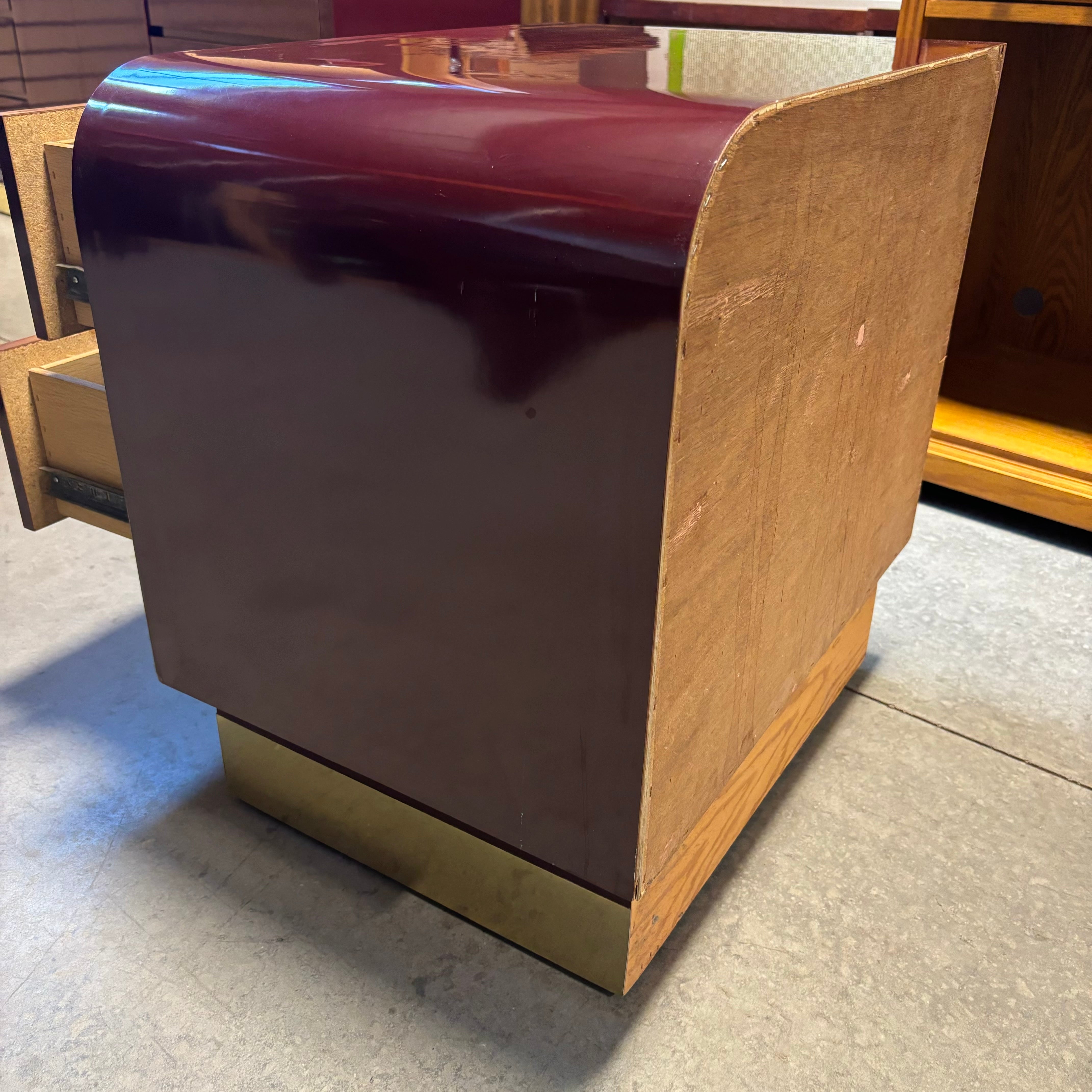 Maroon Lacquer Finish & Brass Finish Base 2 Drawer Nightstand 24"x 18"x 24"