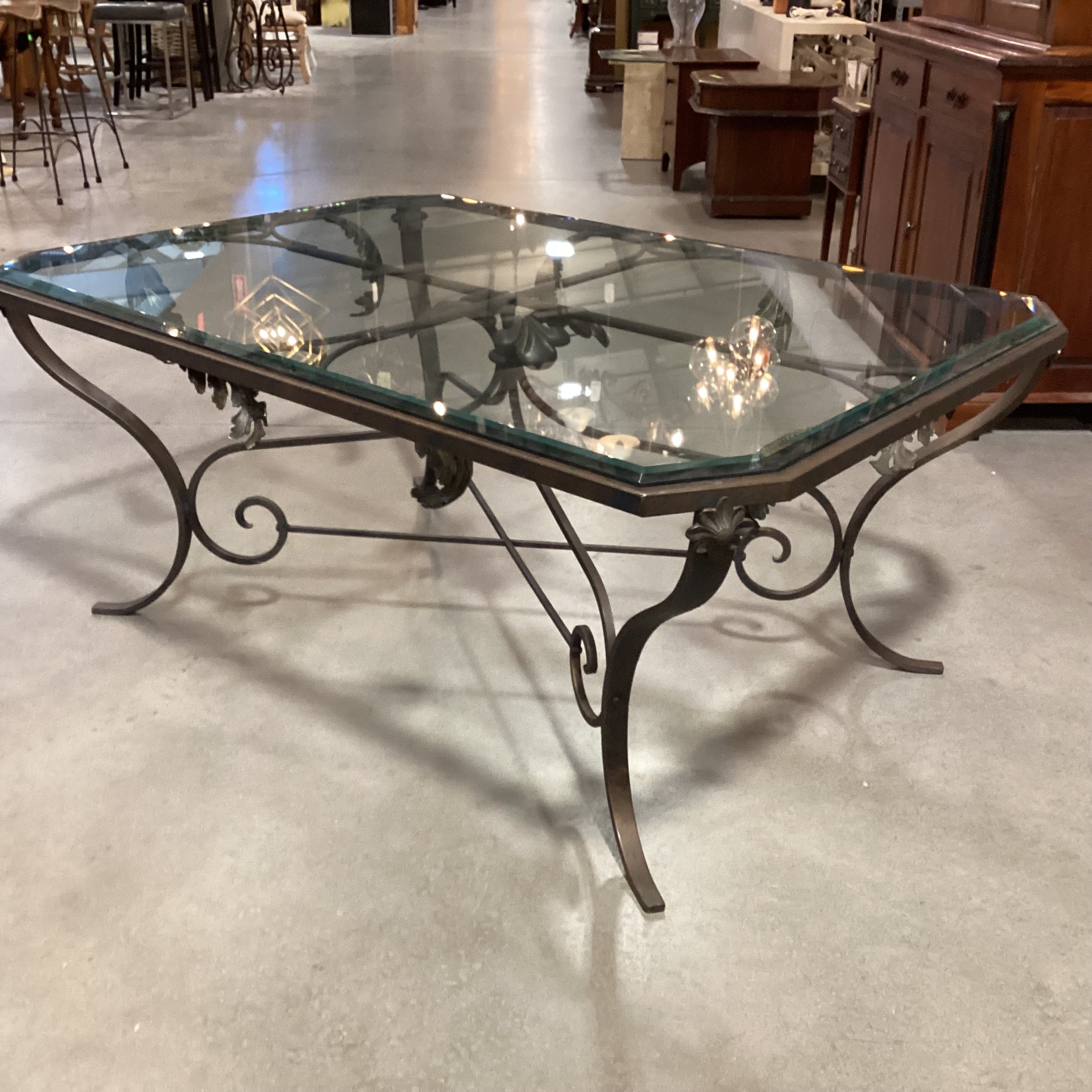 Ornate Iron & Brass Leaf with Beveled Glass Top 57.5"x 41.5"x 25"