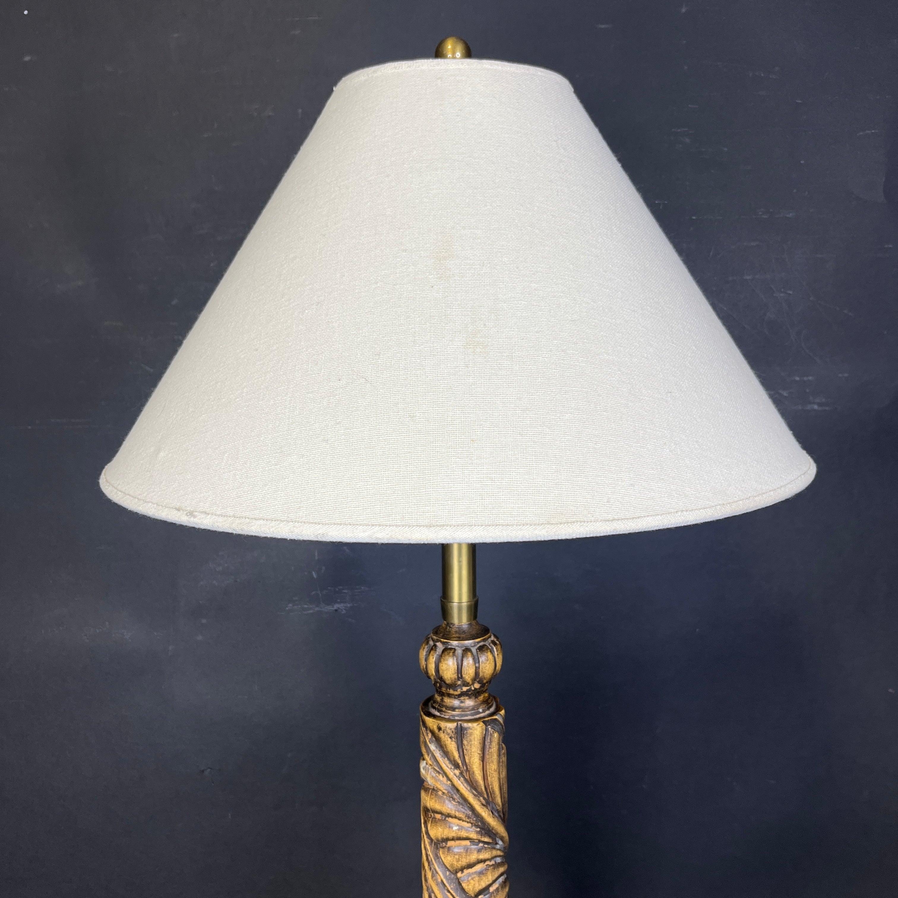 Marbro Original Hand Crafted Ornate Carved Wood and Brass with Shade Floor Lamp 19” Diameter @ Shade x 60”