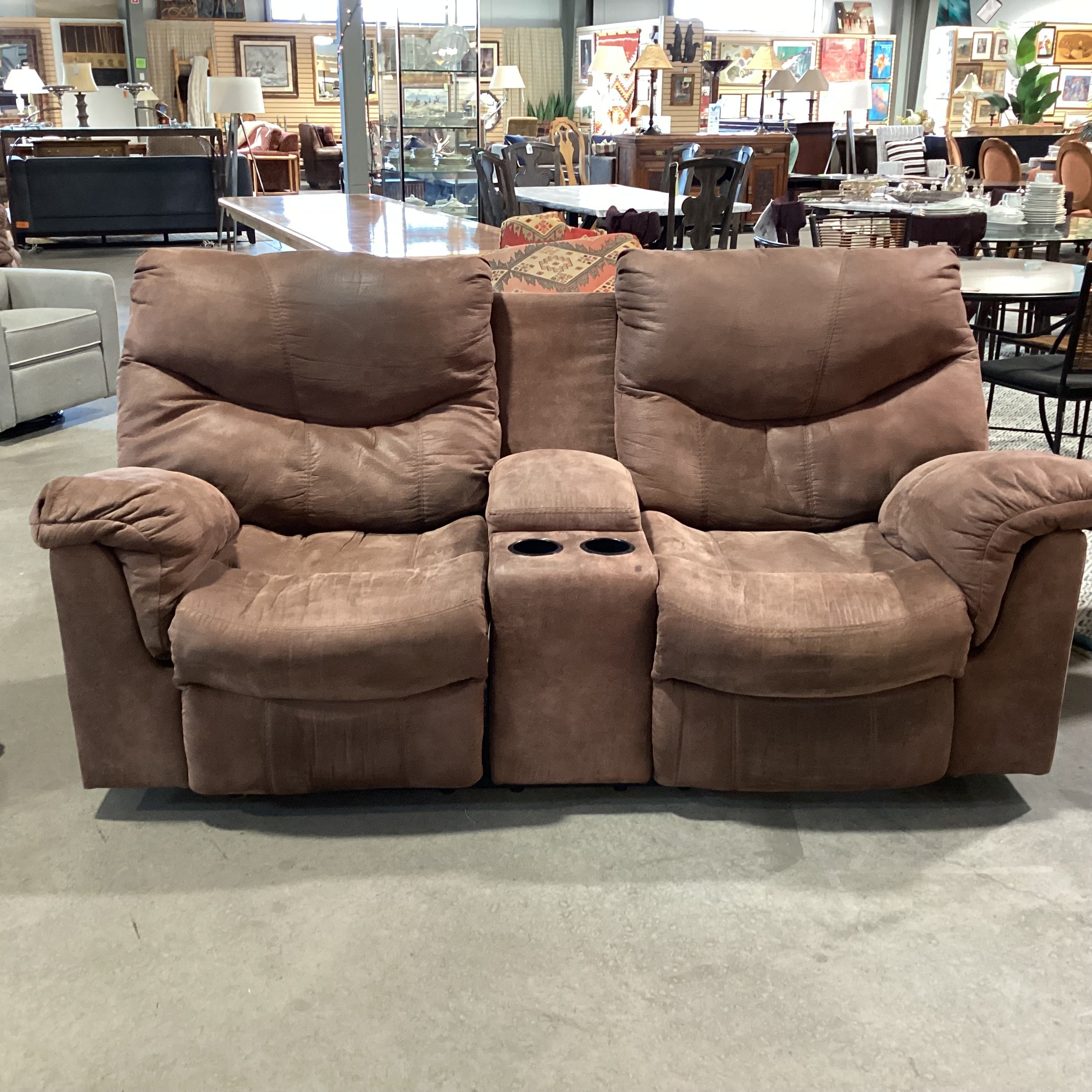 Brown Micro Suede Double Reclining with Console Sofa 85"x 35"x 41"