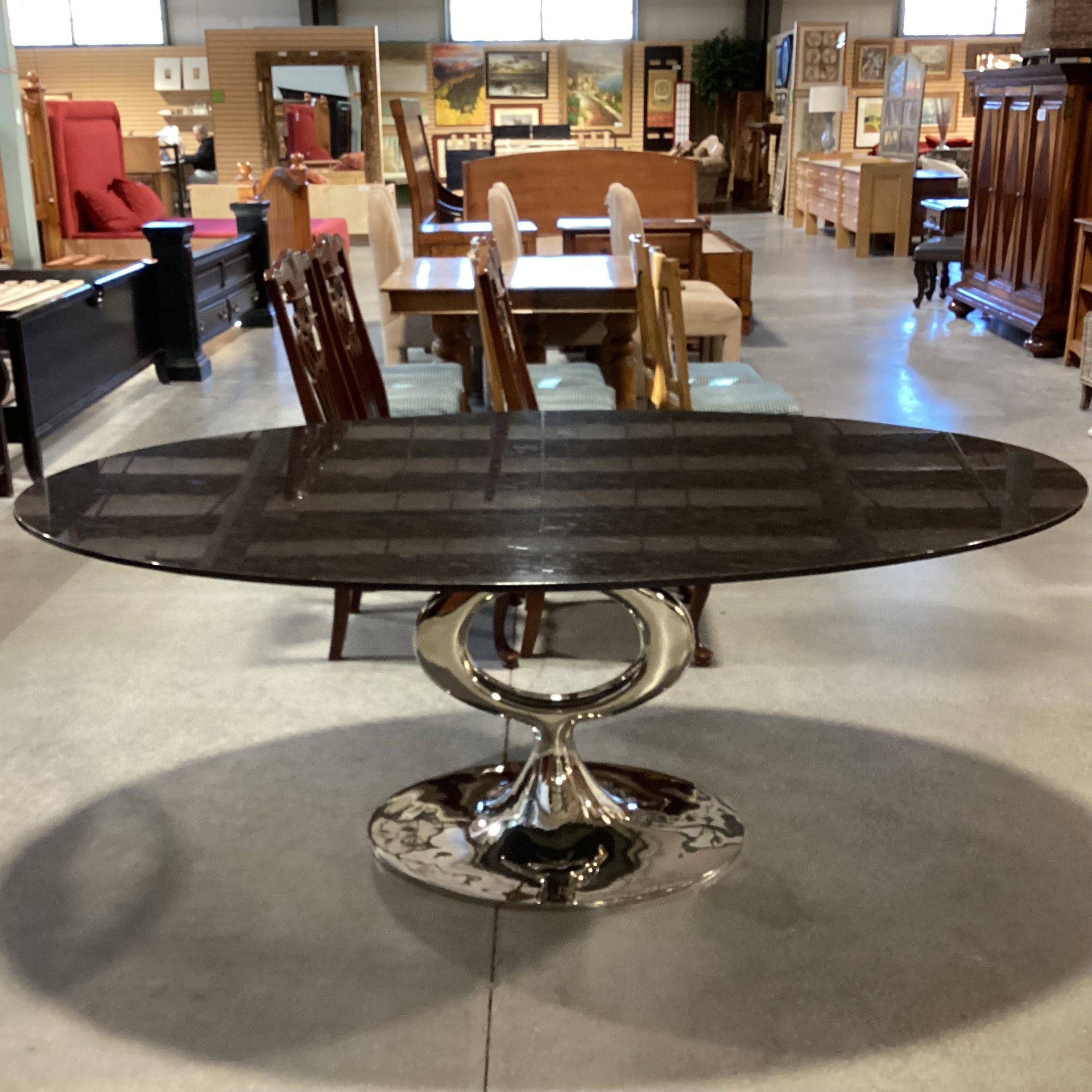 Blackman Cruz Oval Black Granite & Nickel Plate Pedestal Dining Table 78"x 48"x 30"