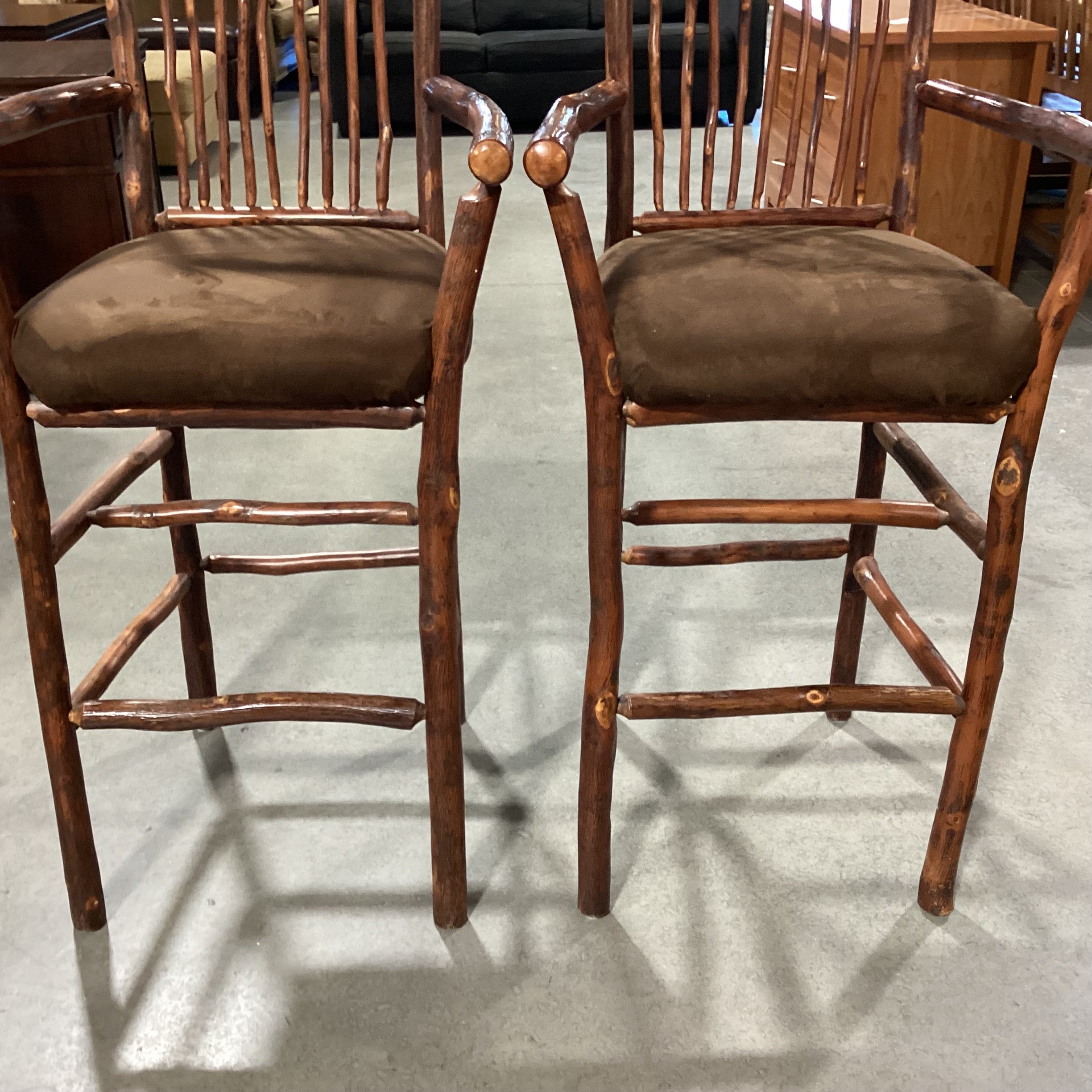 SET of 2 Flat Rock Furniture Hickory & Brown Ultra Suede Barstools 30"