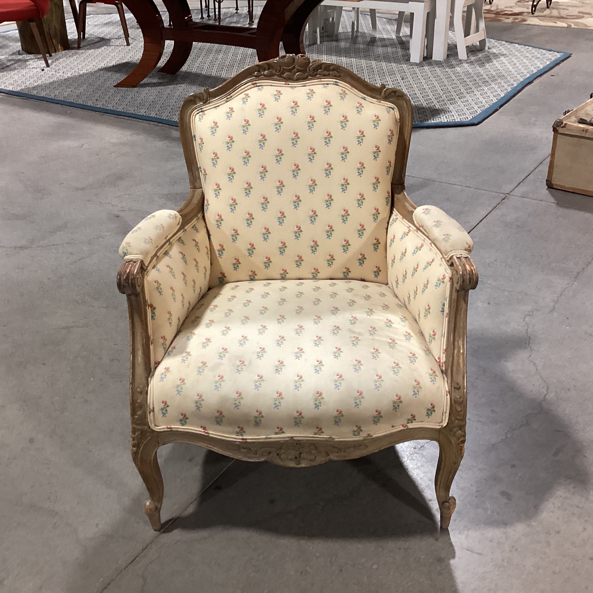 French Provincial Style Carved Wood with Yellow Floral Chair 29"x 26"x 35'